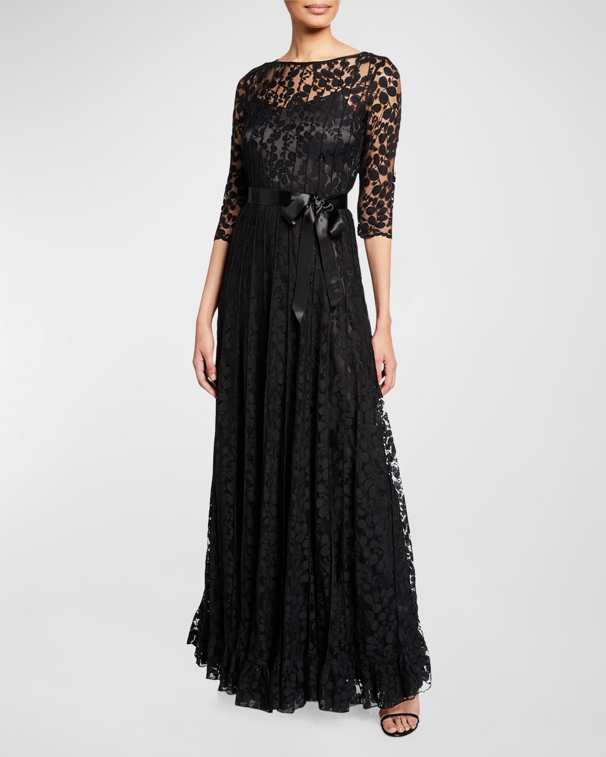 Shop Rickie Freeman For Teri Jon 3/4-sleeve Lace Overlay Gown In Black
