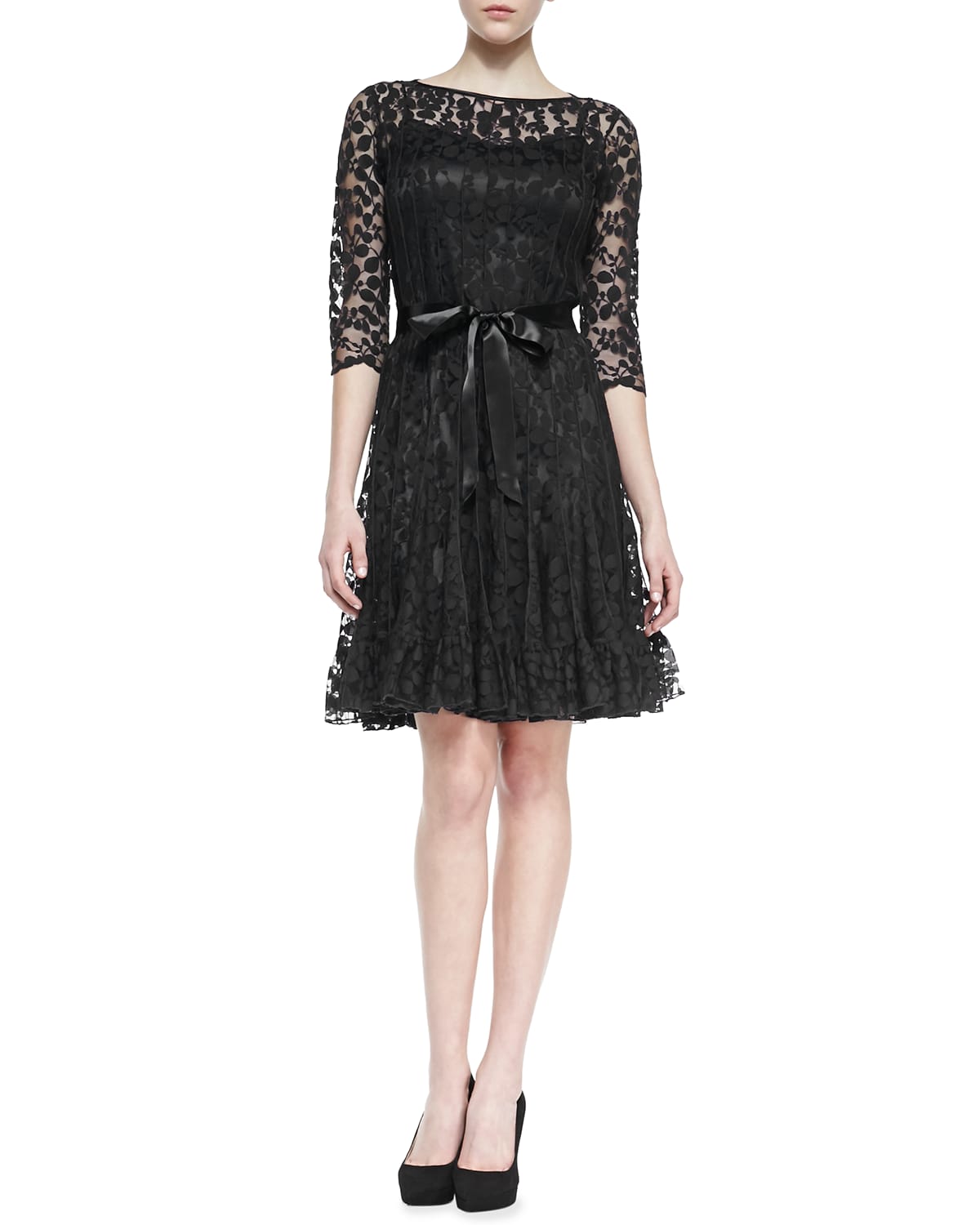 Shop Rickie Freeman For Teri Jon 3/4-sleeve Lace Overlay Cocktail Dress In Black
