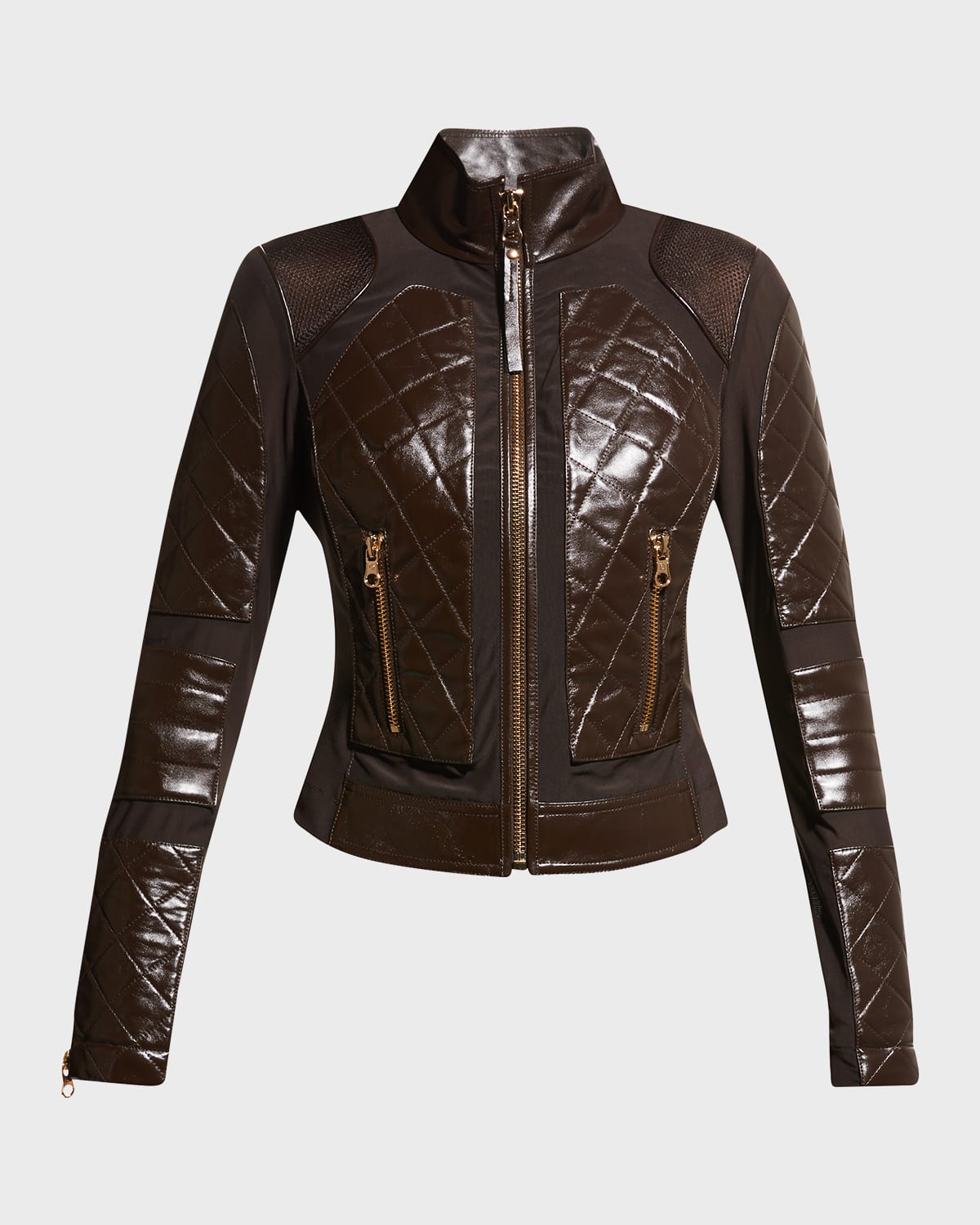 Blanc Noir Quilted Leather & Mesh Moto Jacket In Dark Brown Gold