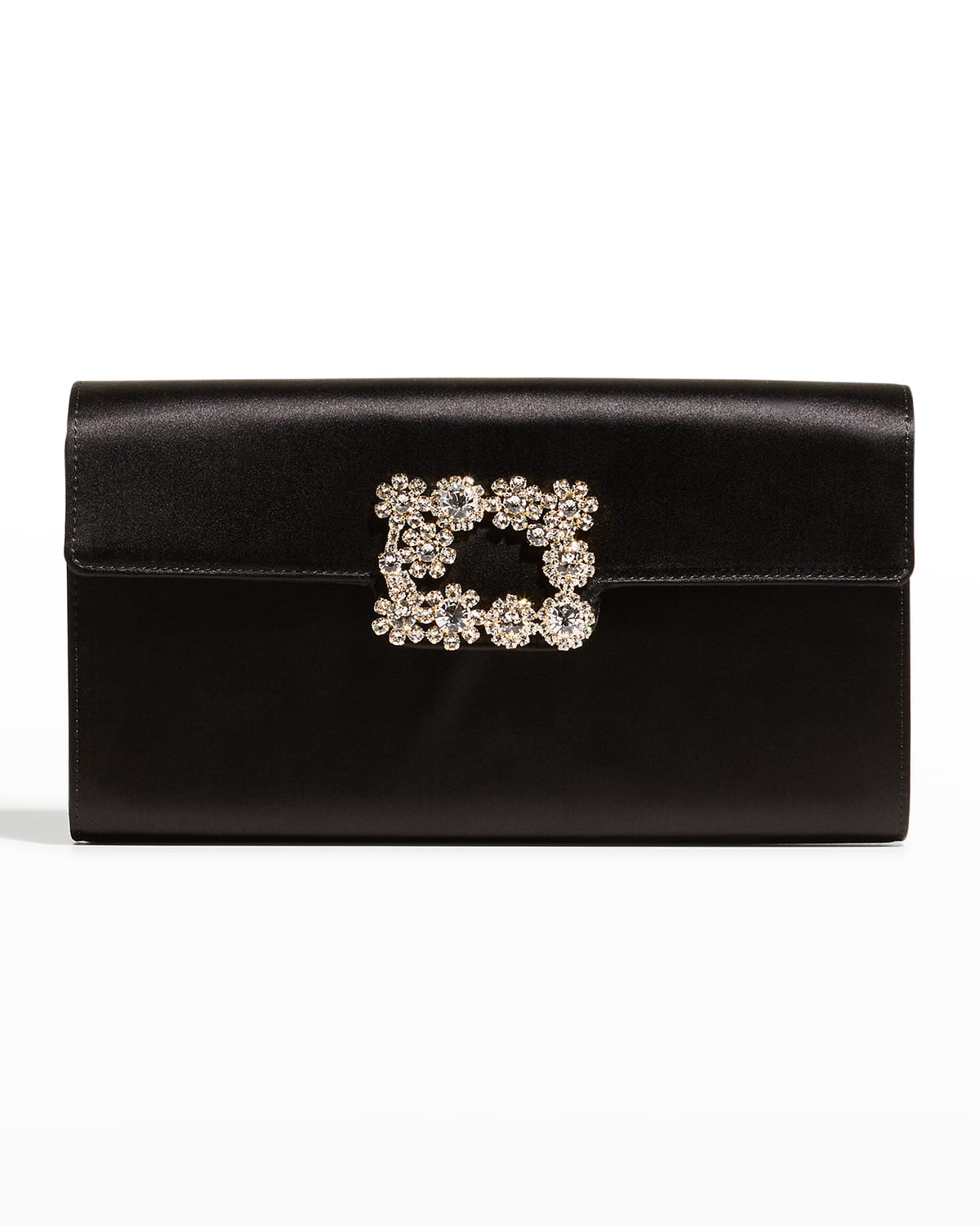 Roger Vivier Flower Buckle Satin Clutch In Black/crystal