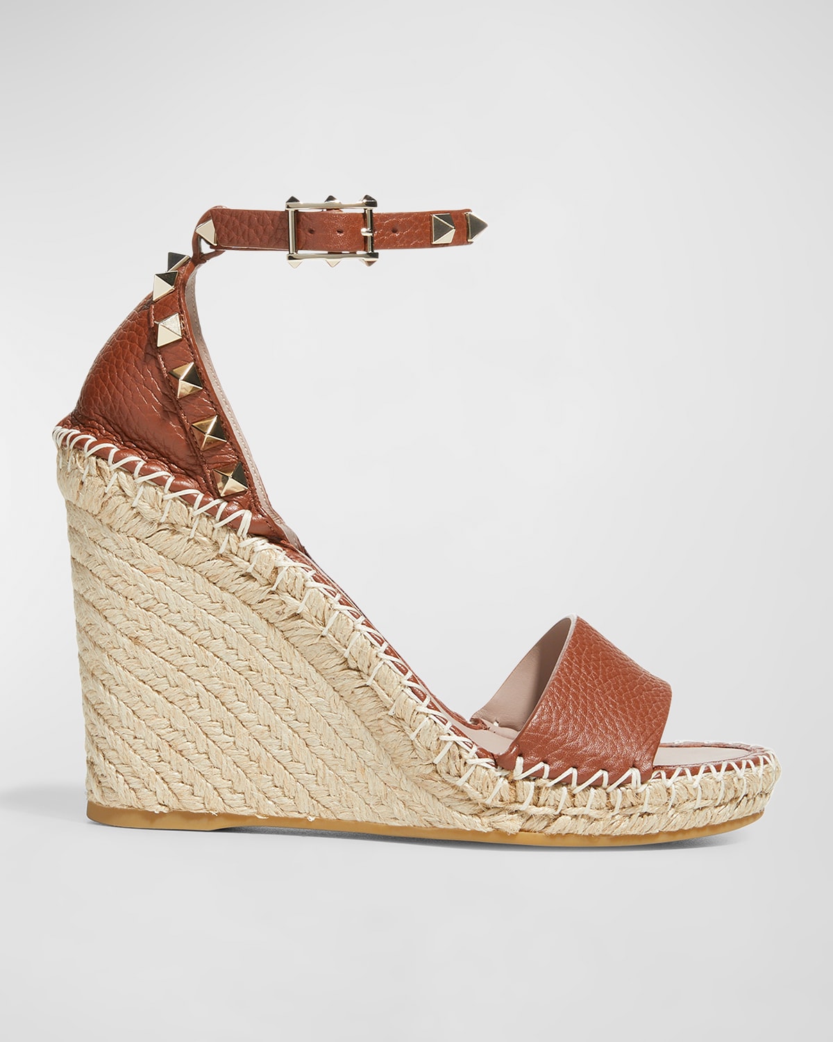 Valentino Rockstud Double Espadrille Wedge Sandals In Brown