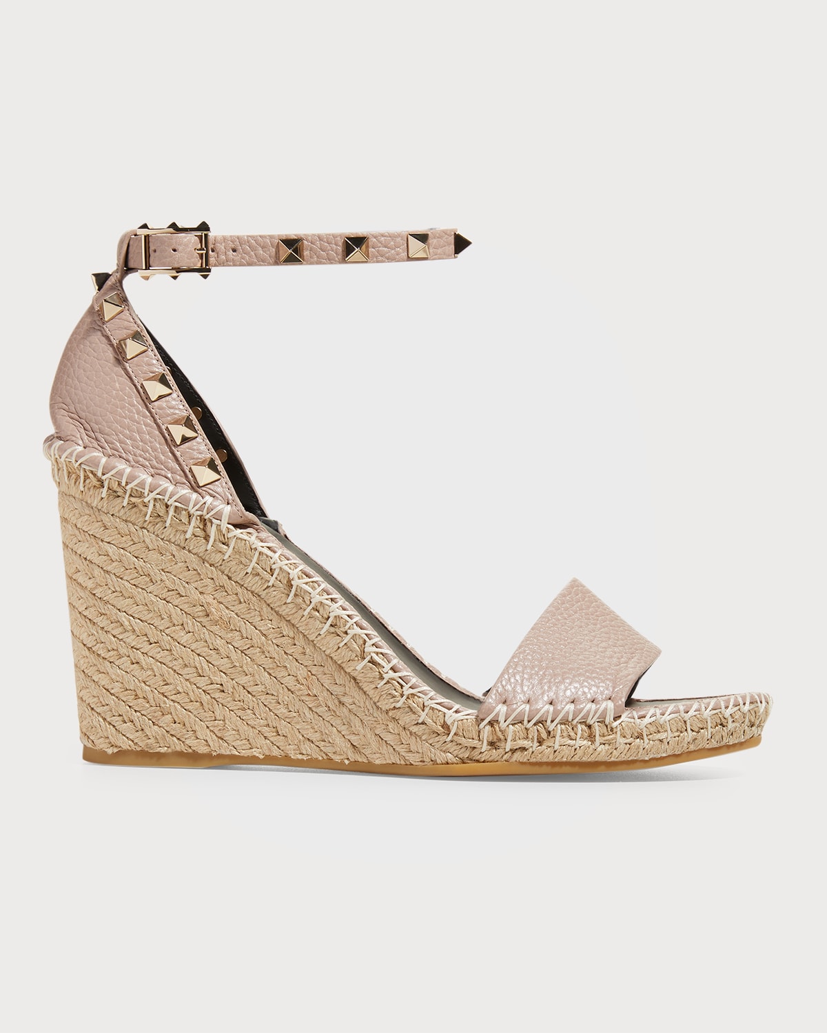 Valentino Garavani Rockstud Double Espadrille Wedge Sandals In Poudre Nero