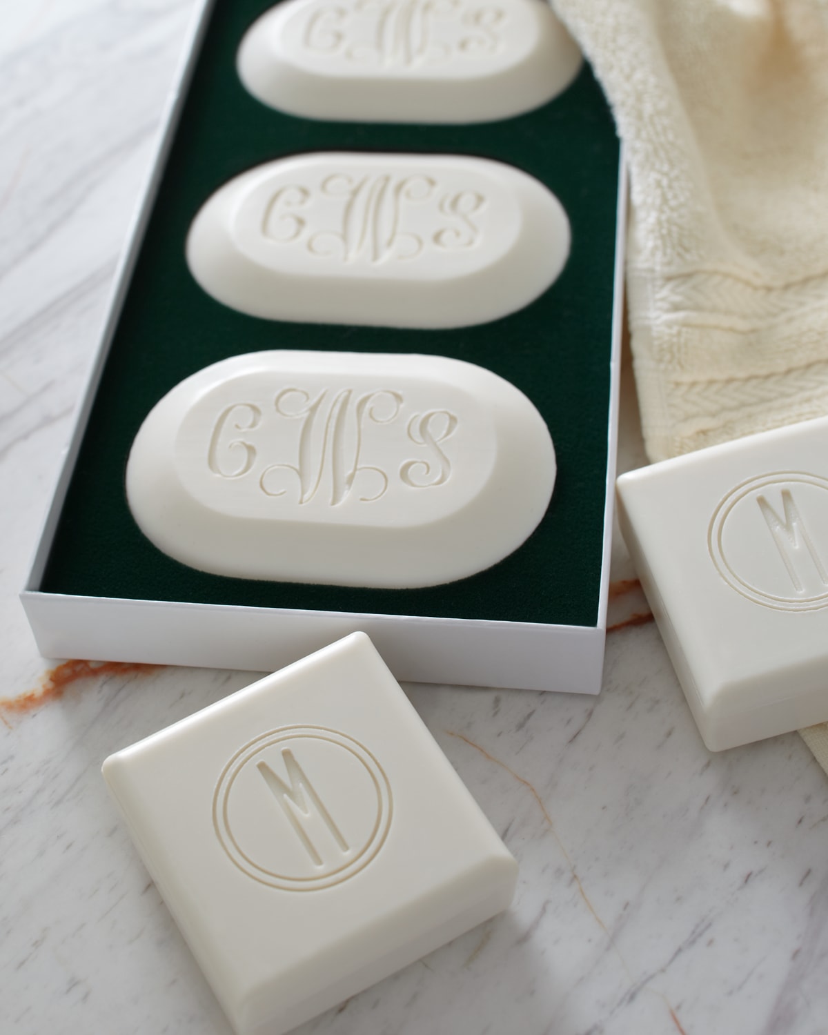Carved Solutions Three Square Soaps With Single Initial In Antique White