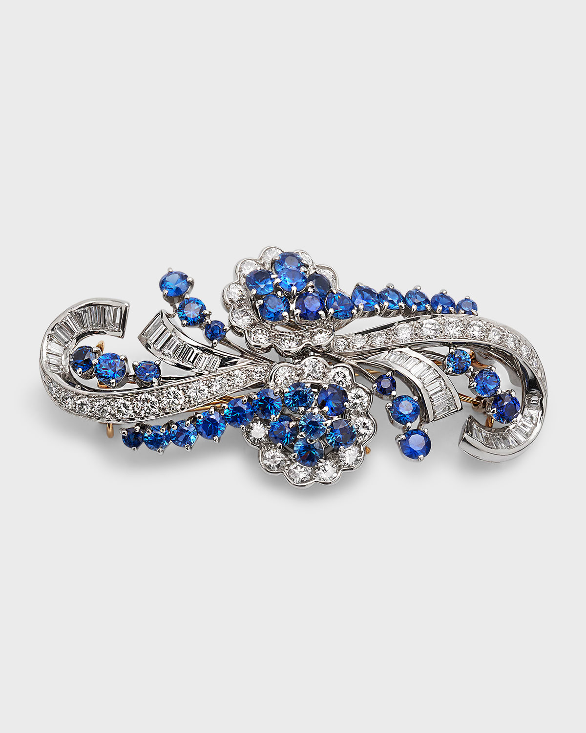 Estate Platinum Diamond and Blue Sapphire Cluster Retro Swirl Pin