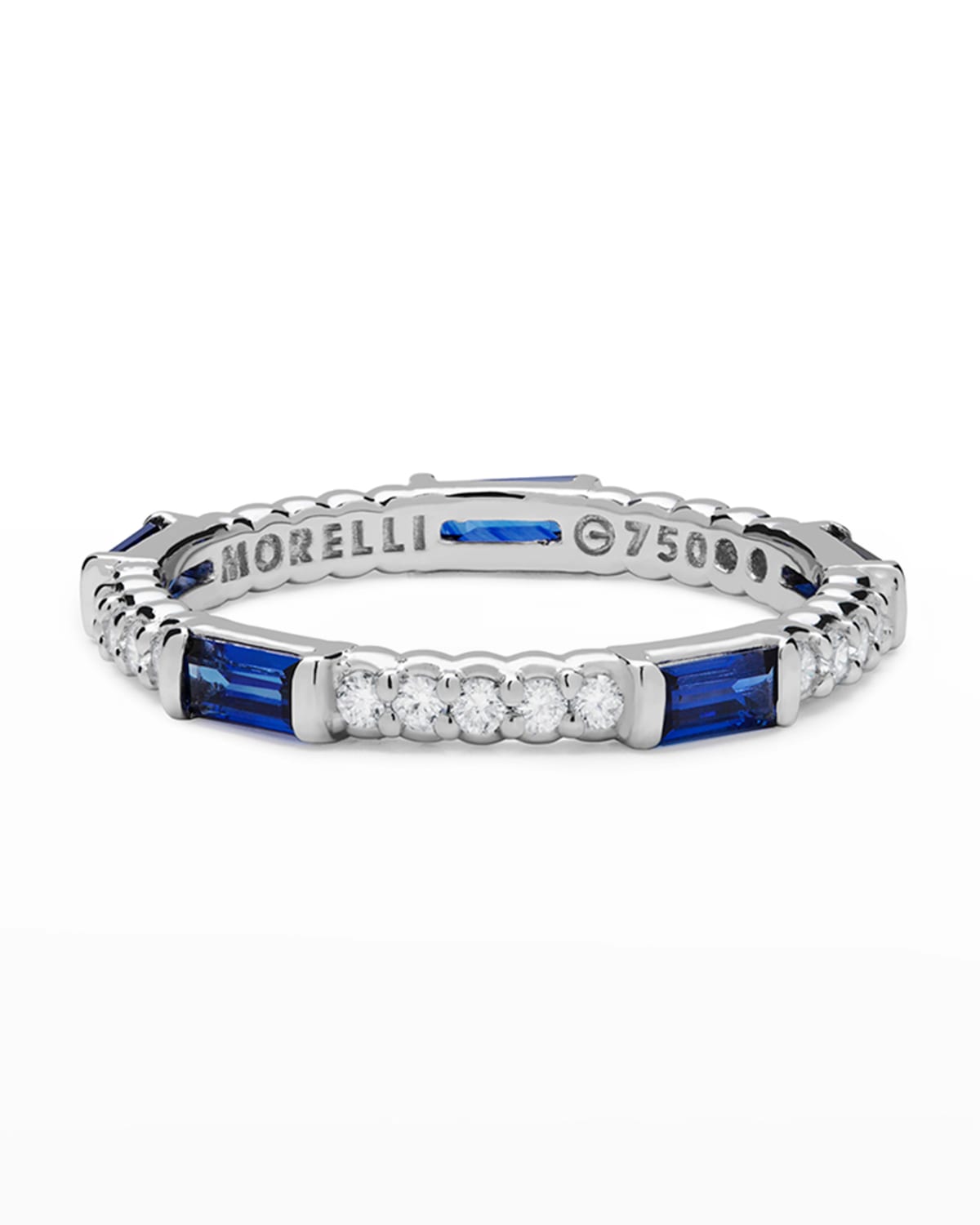 Blue Sapphire & Diamond Pinpoint Baguette Ring in 18K White Gold
