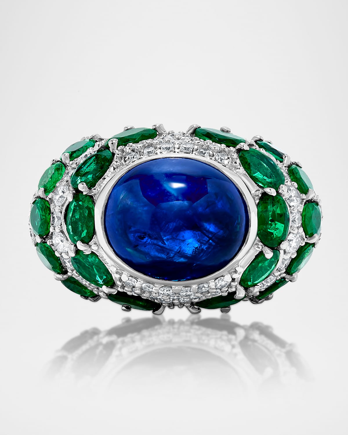 18K White Gold Emerald, Diamond and Blue Sapphire Ring