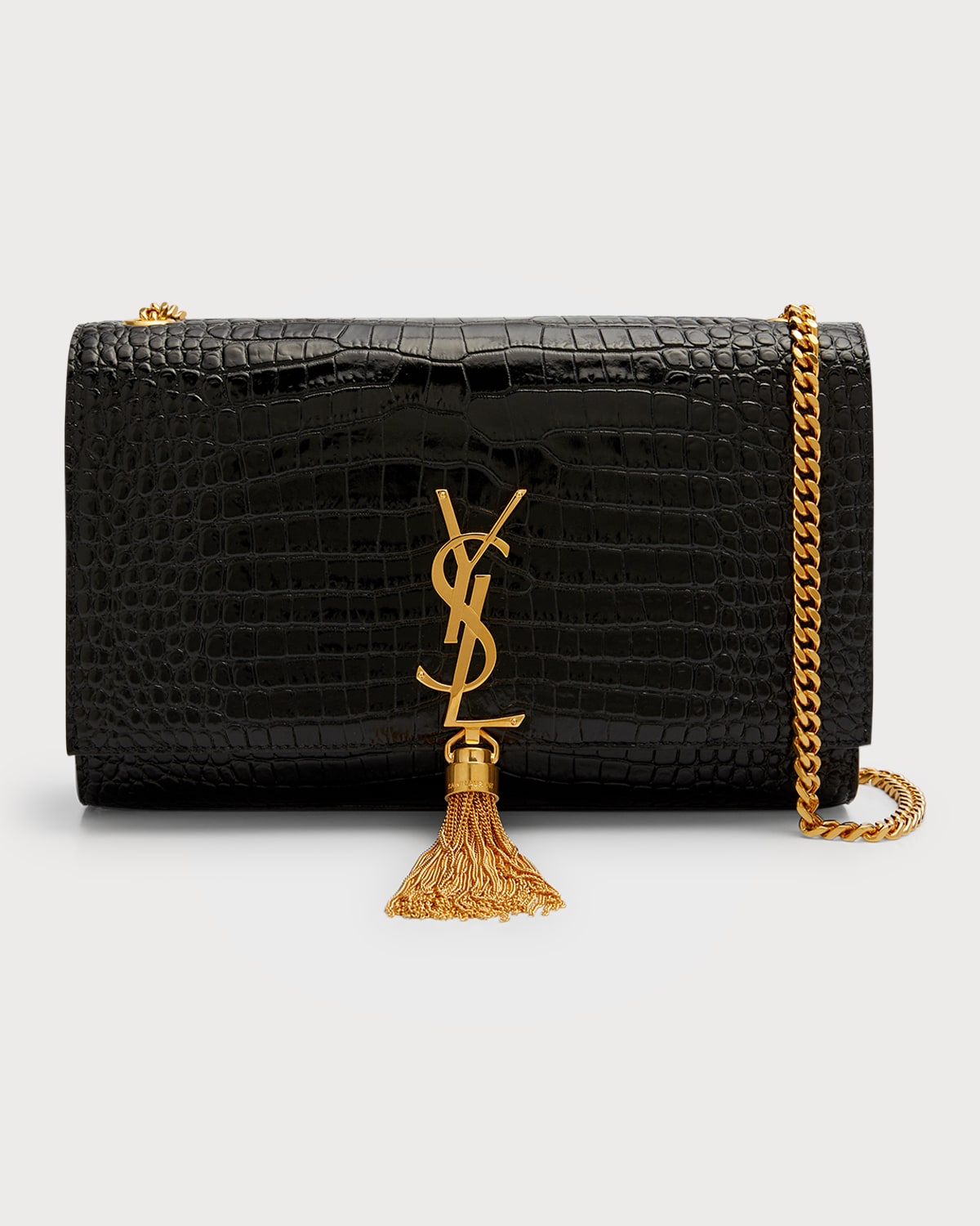 Saint Laurent Kate Monogram YSL Medium Crocodile-Embossed Tassel Shoulder Bag