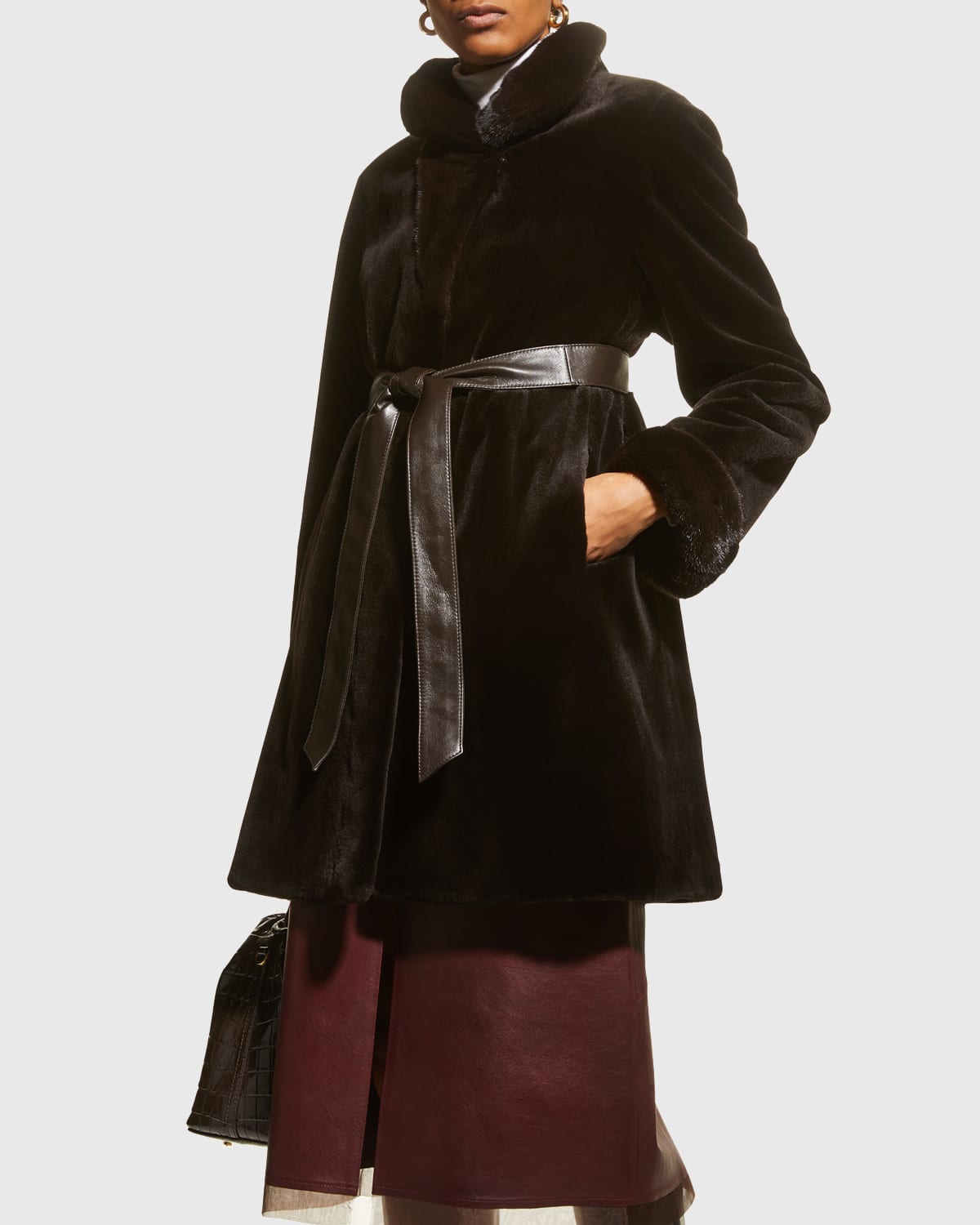 Gorski Reversible Sheared Mink Stroller Coat w/ Leather Belt