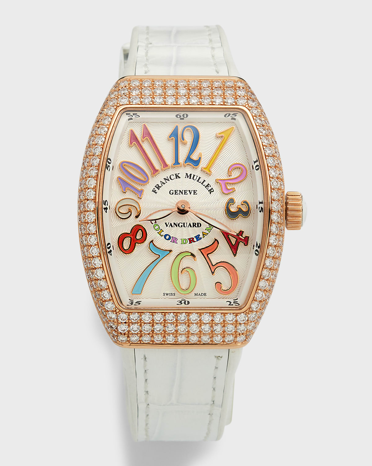 Franck Muller Vanguard 32mm 18k Rose Gold Color Dreams Diamond-bezel Watch W/ Alligator Strap, White