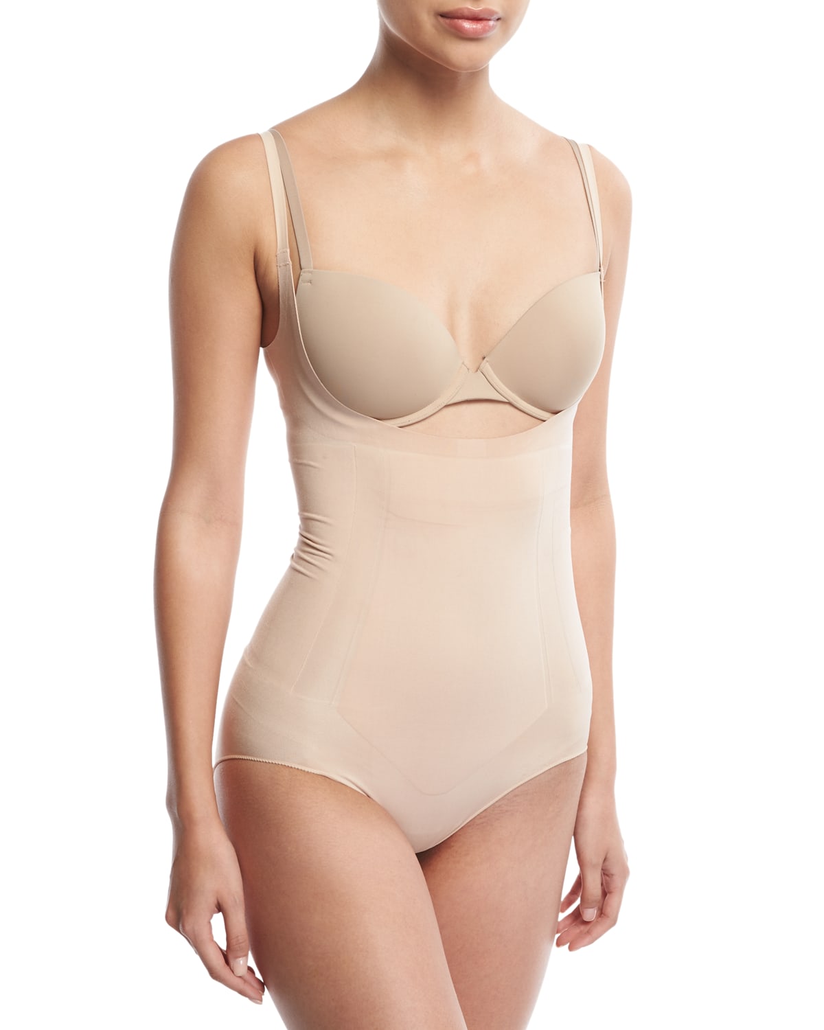 Shop Spanx Oncore Open-bust Bodysuit In Soft Nude