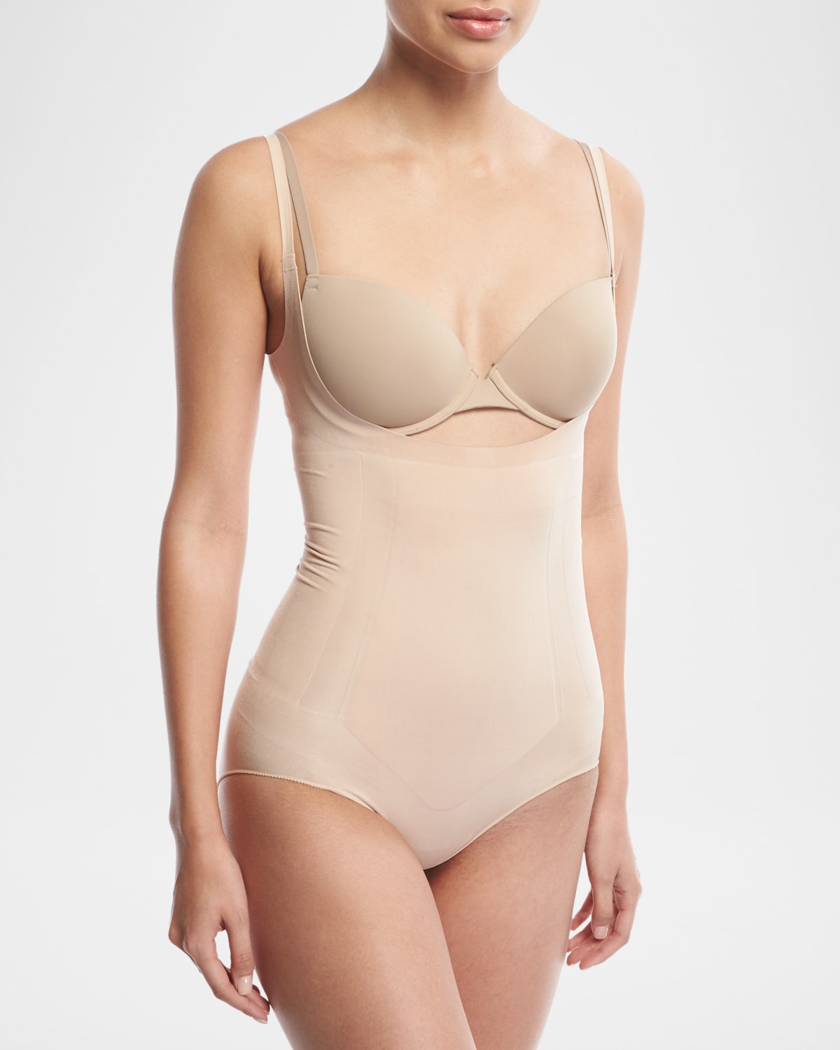 Shop Spanx Oncore Open-bust Bodysuit In Soft Nude