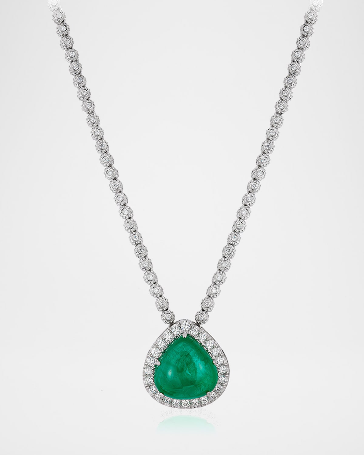 18K White Gold Emerald Drop and Diamond Necklace