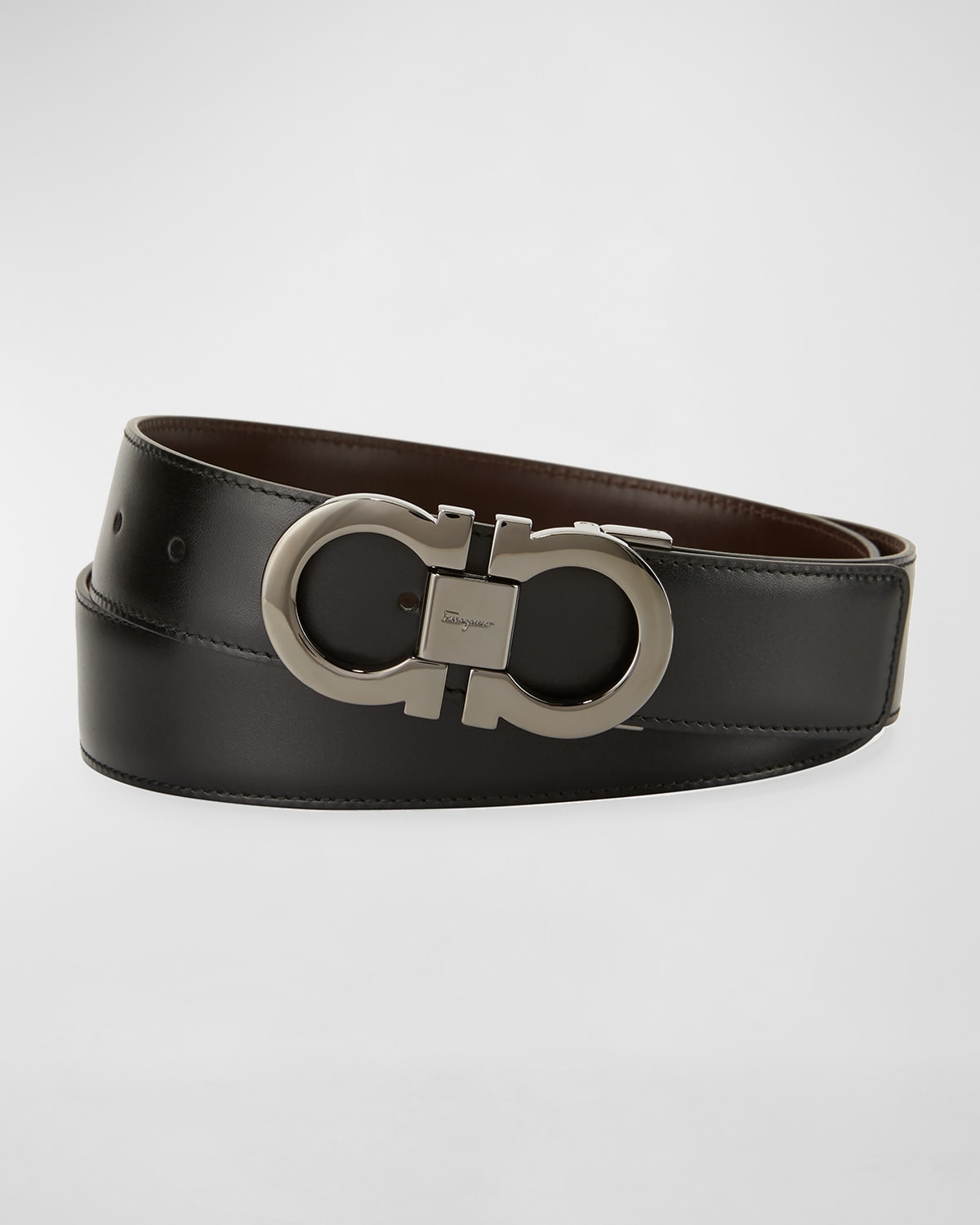 Shop Ferragamo Men's Reversible Leather Double-gancio Belt In Black/brown