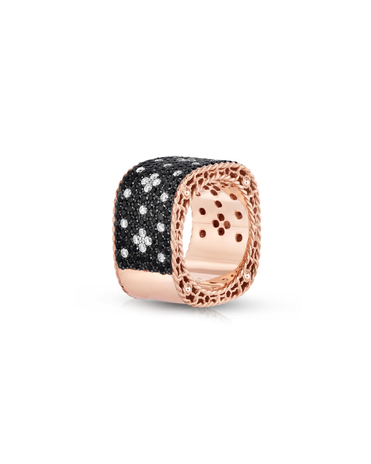 18k Rose Gold Wide Venetian Princess Ring with Black Diamonds, Size 6.5