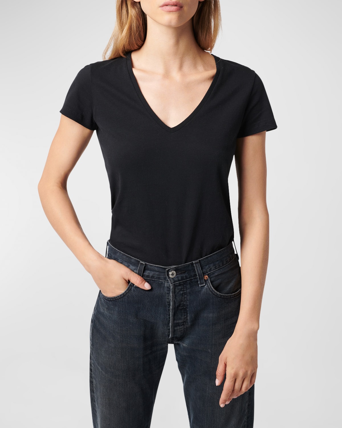 Majestic Soft Touch Short-sleeve V-neck Tee In Black