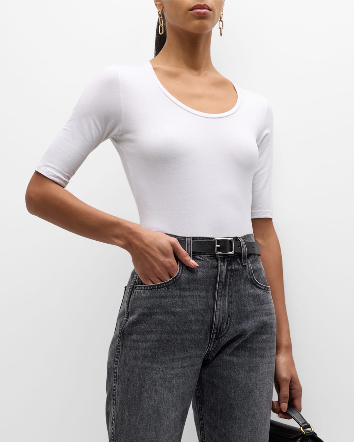 Shop Majestic Soft Touch Half-sleeve Scoop-neck Top In White