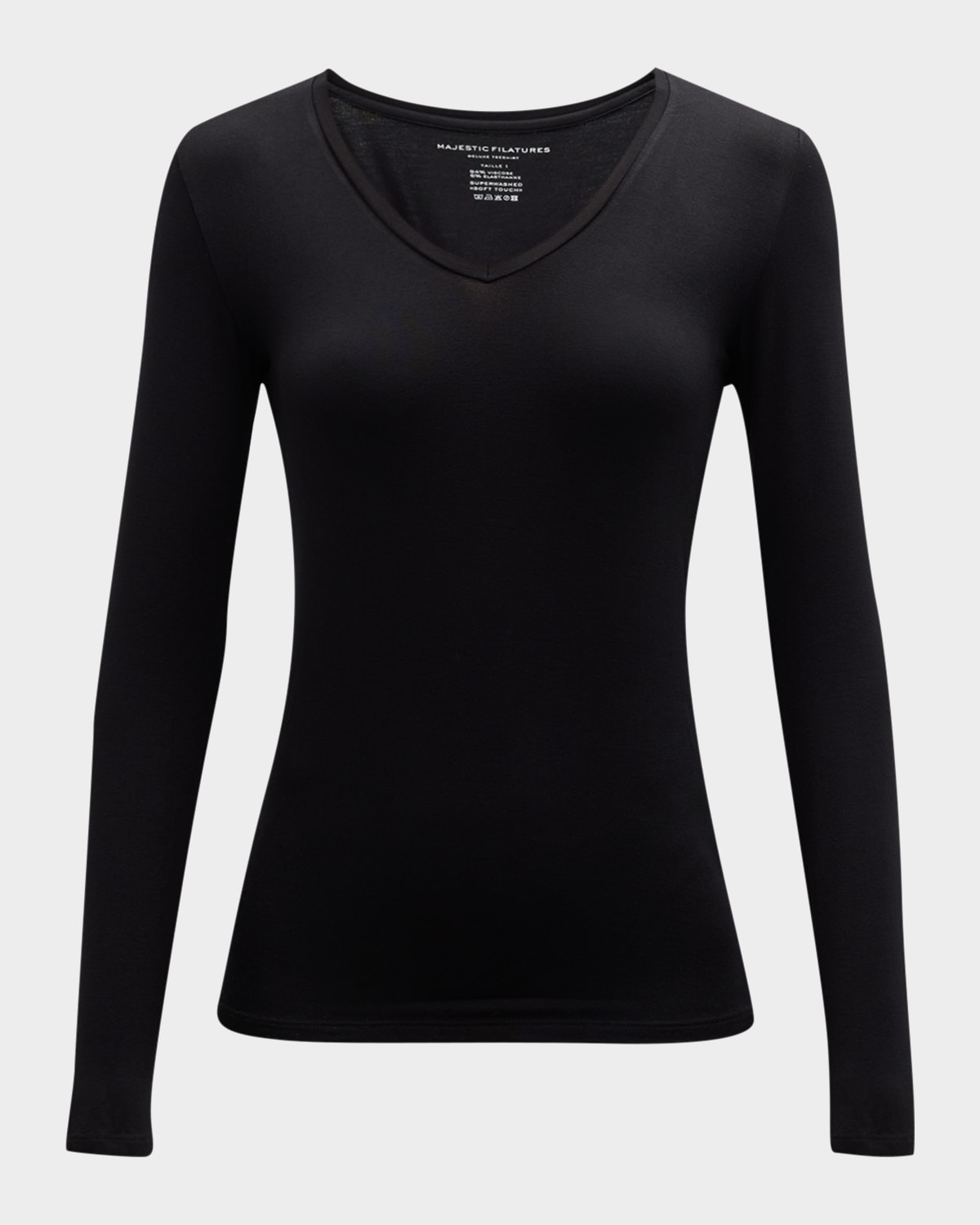 Majestic Soft Touch Long-sleeve V-neck Tee In Black