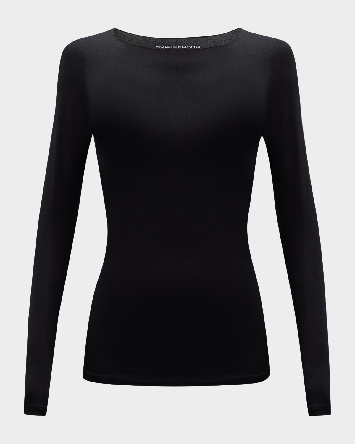 Majestic Soft Touch Flat-edge Long-sleeve Crewneck Top In Black