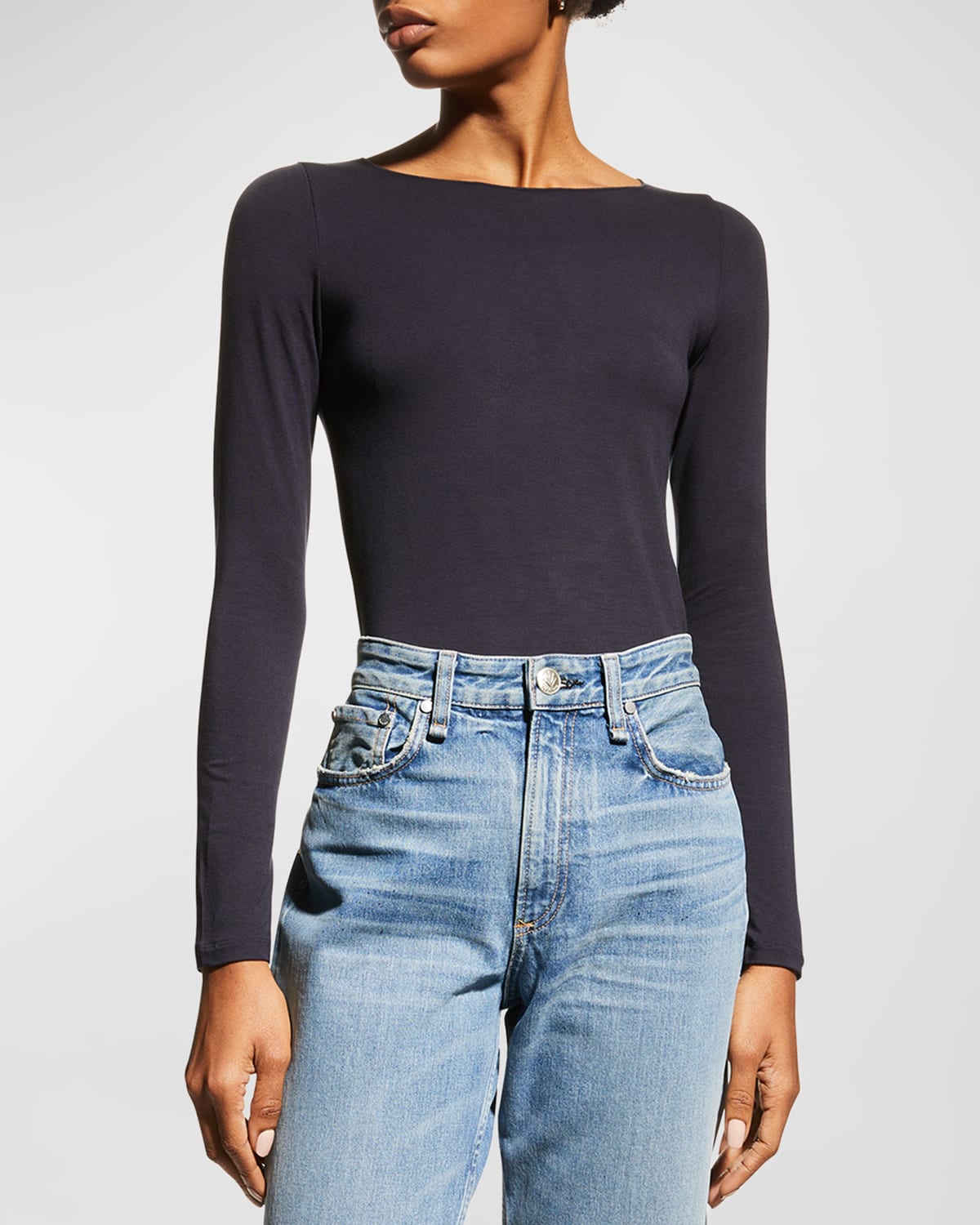 Majestic Soft Touch Marrow-edge Long-sleeve Top In Marine