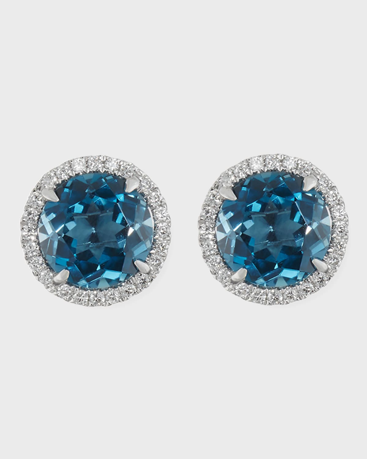 18K White Gold London Blue Topaz Diamond Halo Stud Earrings