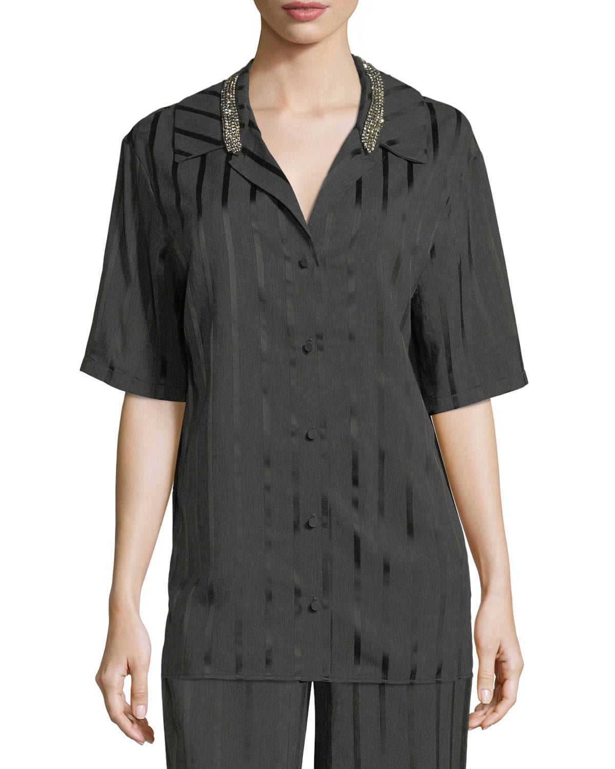 Alexander Wang Short-Sleeve Pajama Top w/ Crystal Neckline