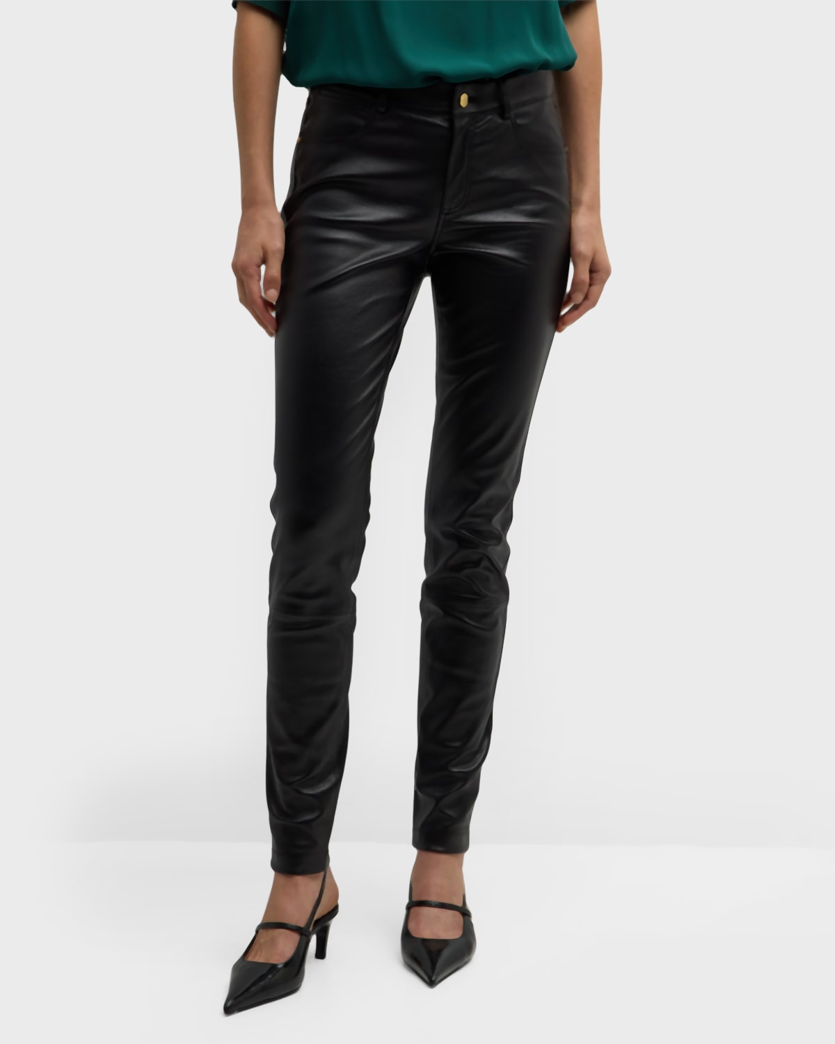 Lafayette 148 Mercer Mid-rise Leather Skinny Jeans In Black