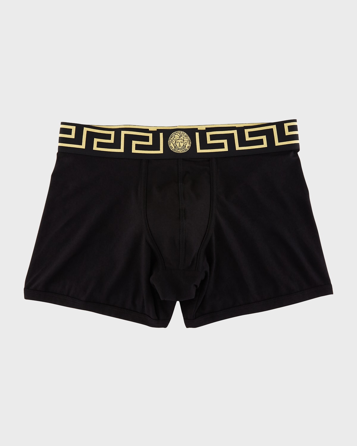 Versace Greca Border Long Boxer Trunks In Black/gold