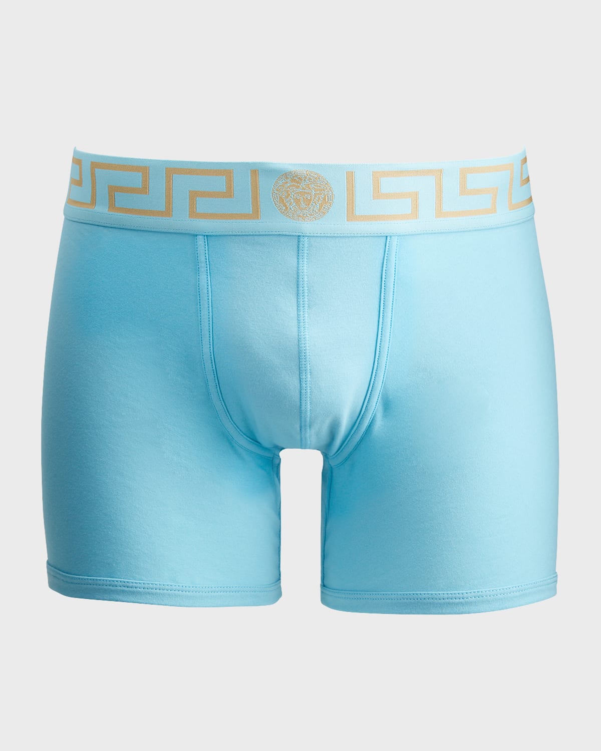 Versace Greca Border Long Boxer Trunks In Aqua
