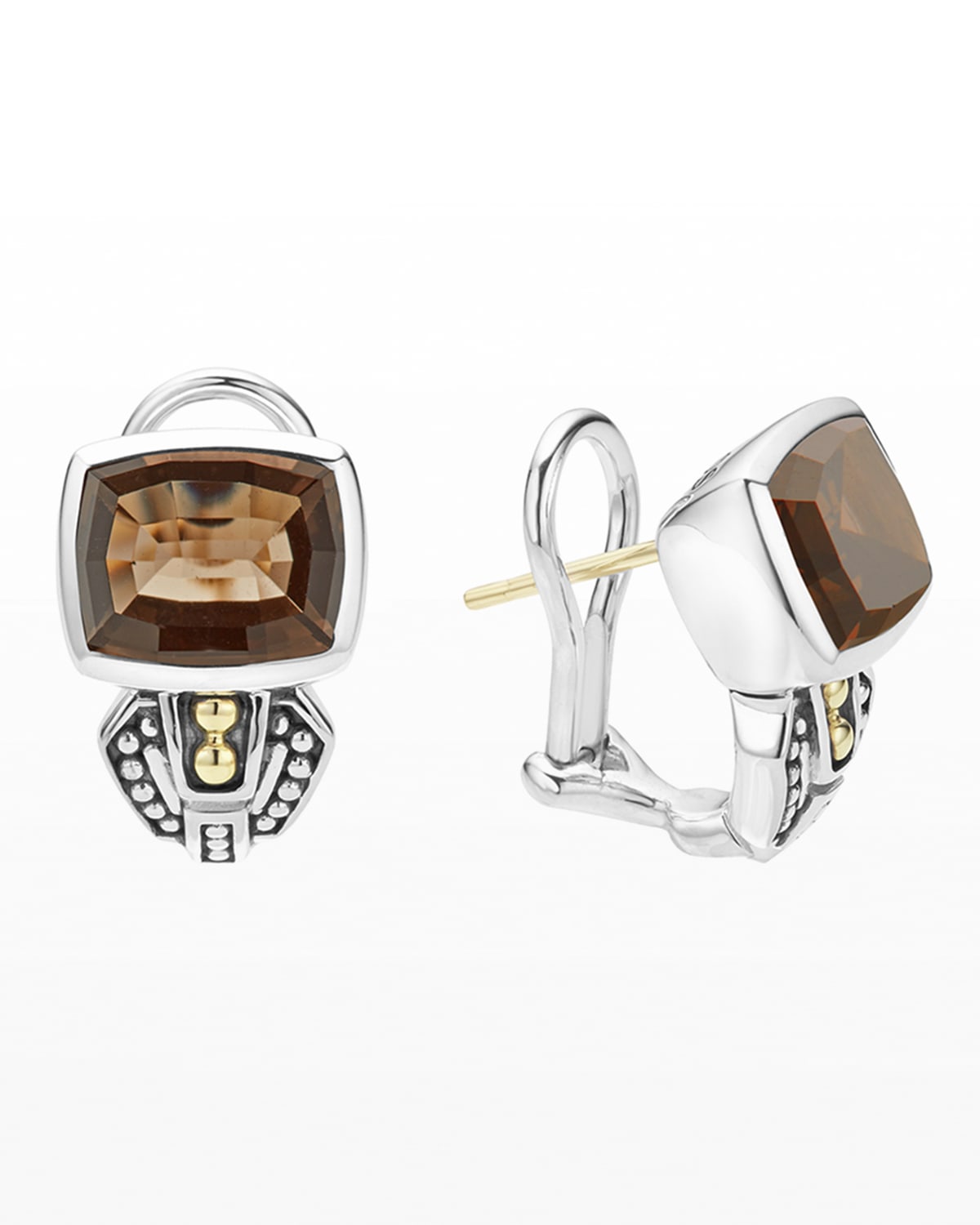 Lagos 18k Gold And Sterling Silver Caviar Color Smoky Quartz Huggie Drop Earrings In Brown