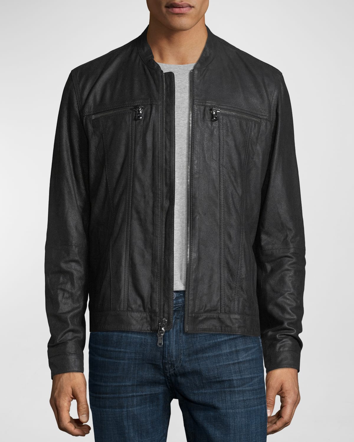 John varvatos star usa leather band collar moto jacket on sale