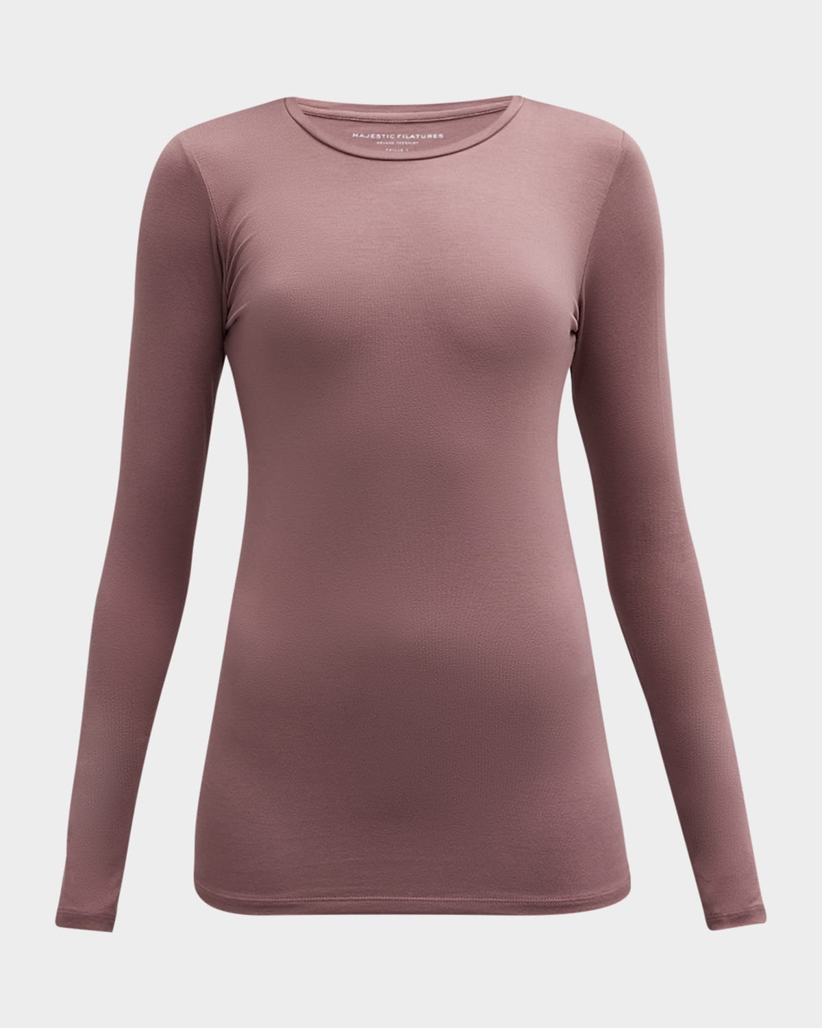 Majestic Soft Touch Flat-edge Long-sleeve Crewneck Top In Taupe