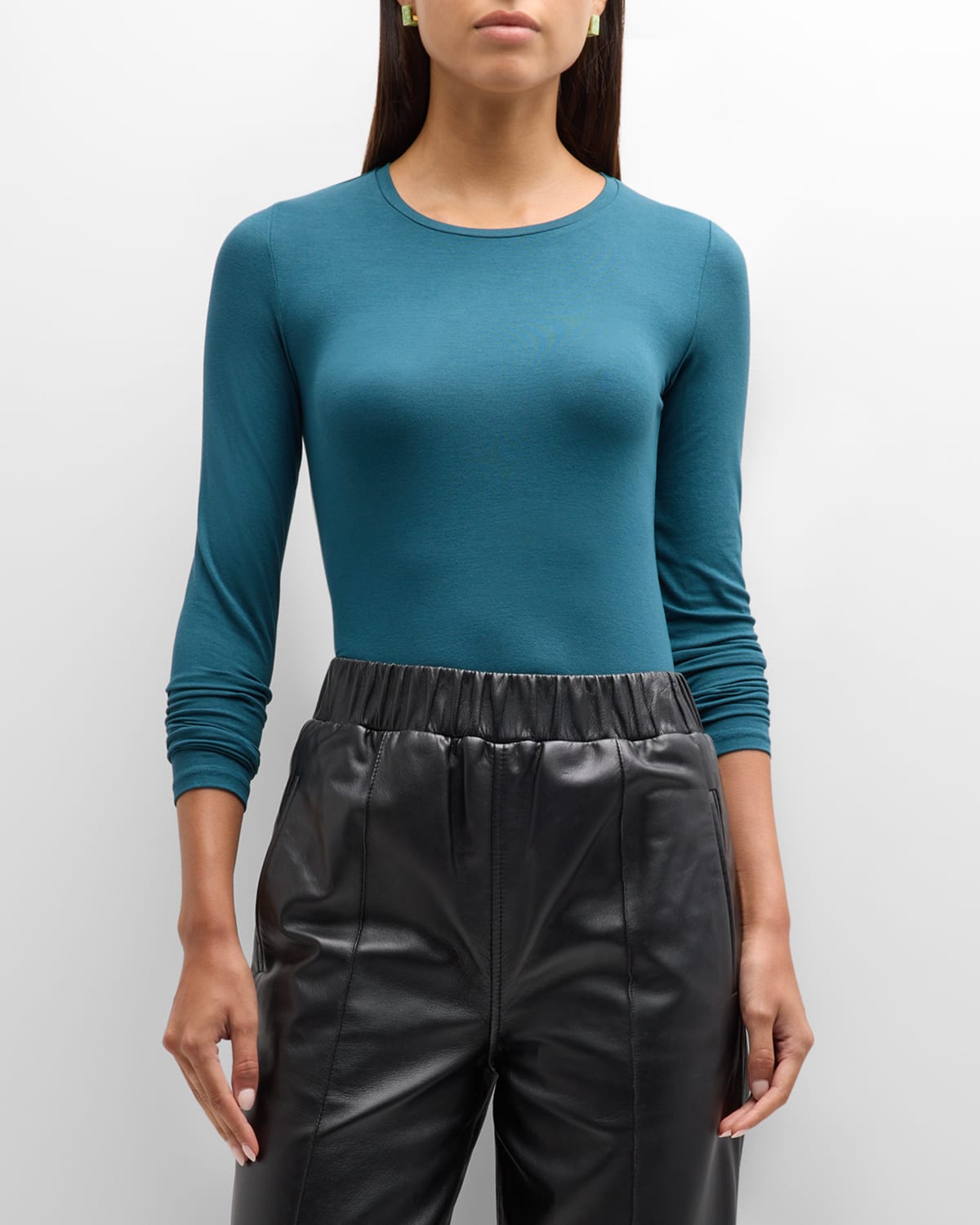 Majestic Soft Touch Flat-edge Long-sleeve Crewneck Top In Haute Mer