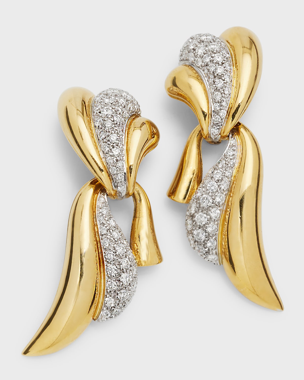 Estate 18K Pave Diamond Ribbon Drop Earrings with Clip Back