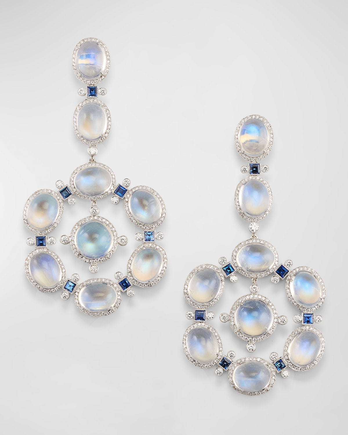 18K White Gold Moonstone, Sapphire, and Diamond Statement Earrings