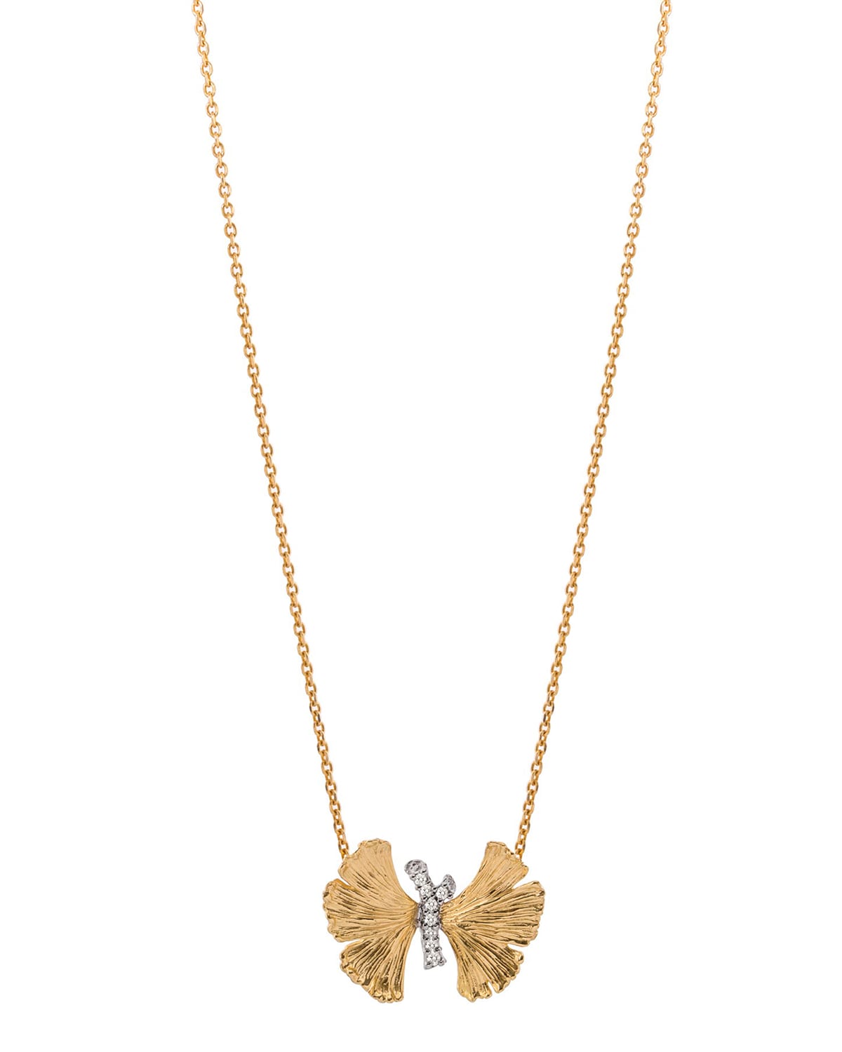 Butterfly Ginkgo Silver & Gold Pendant Necklace w/ Diamonds