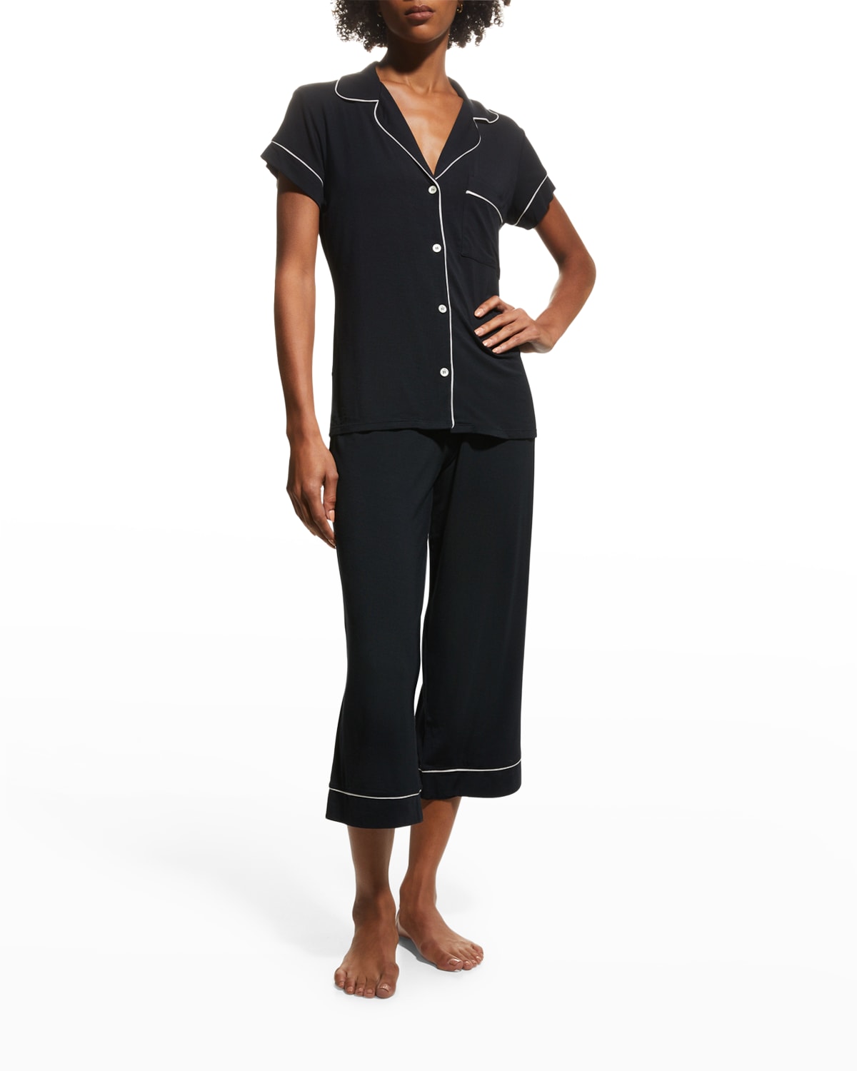 Shop Eberjey Gisele Cropped Two-piece Jersey Pajama Set In Black/sorbet