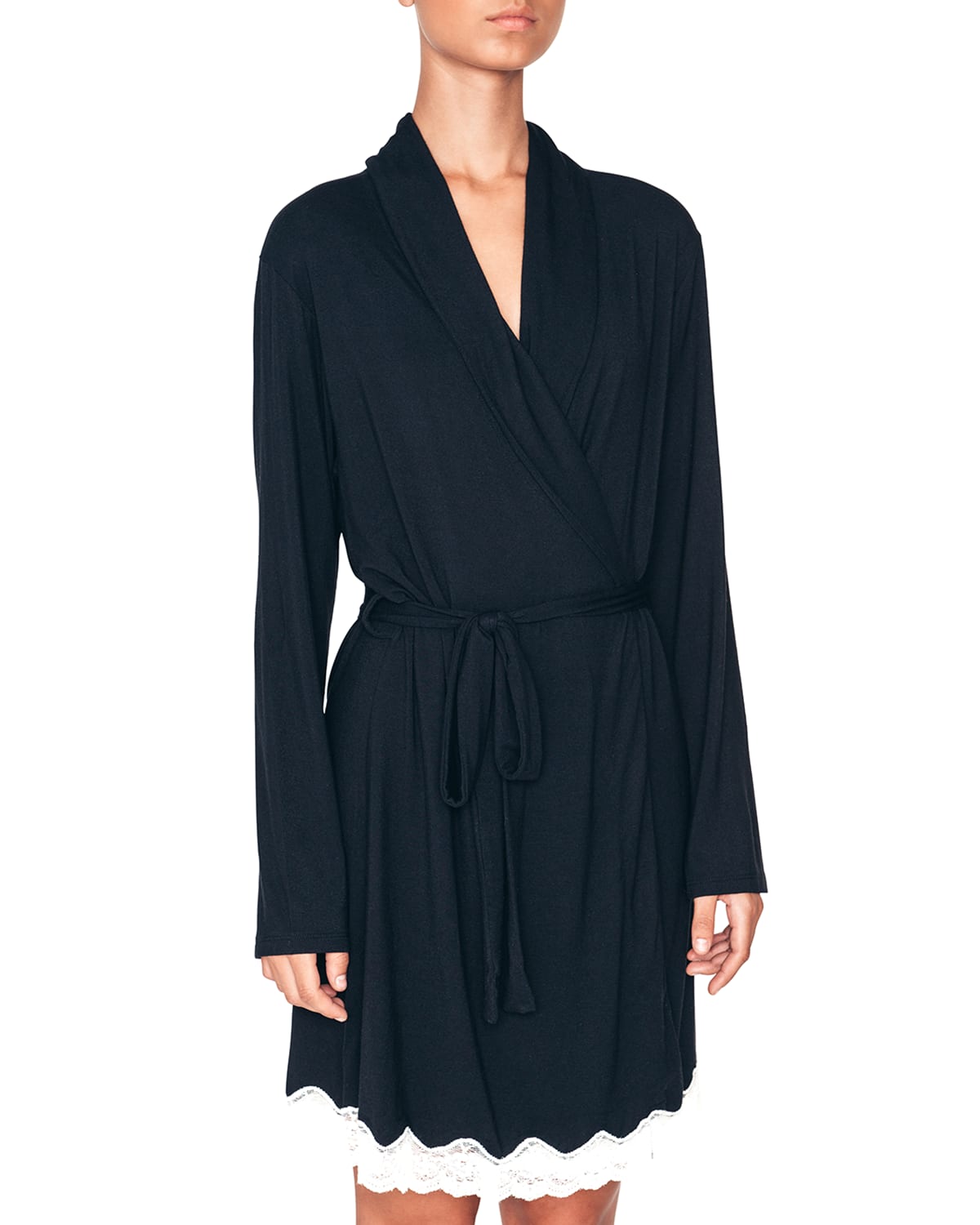 Eberjey Lady Godiva Lace-trimmed Robe In Black/off White