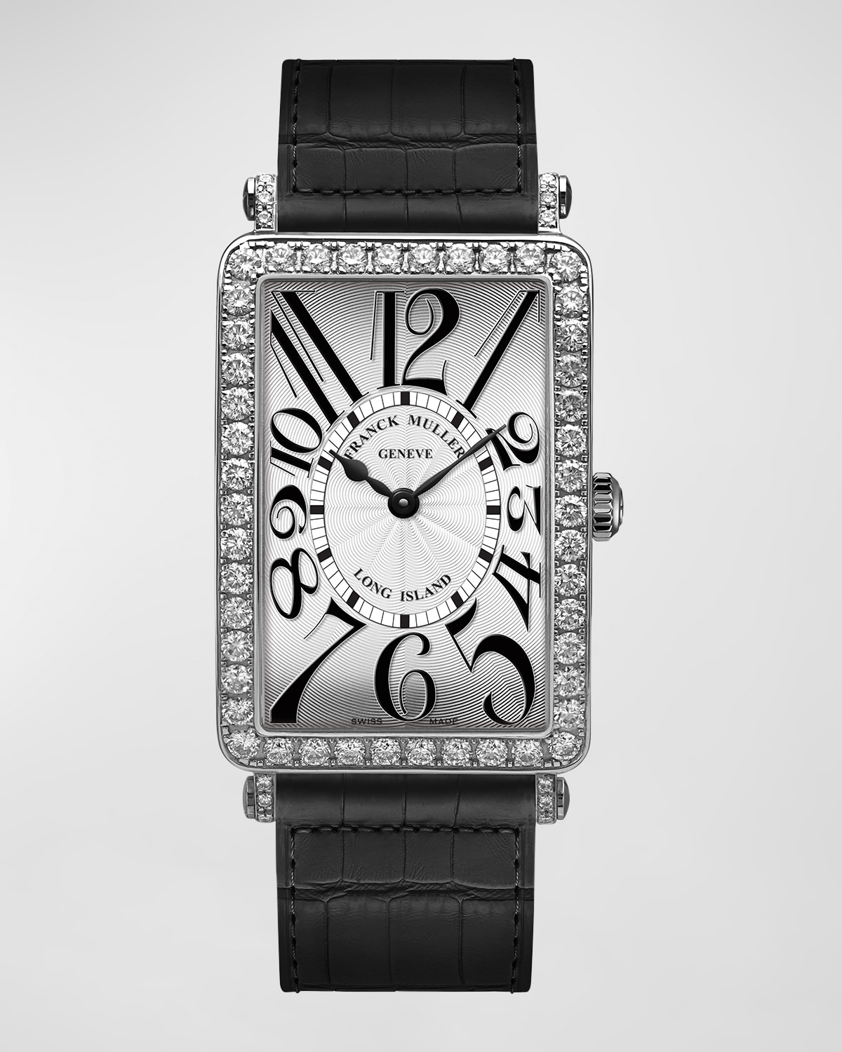 Franck Muller Stainless Steel Long Island Diamond Bezel Watch With Alligator Strap, Black