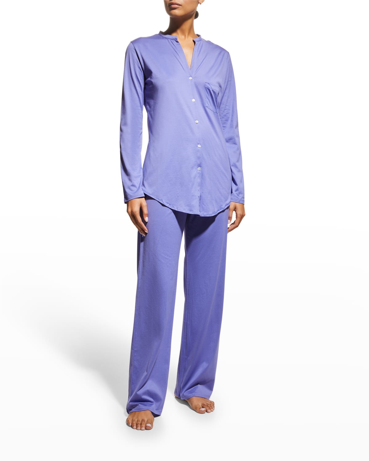 Hanro Cotton Deluxe Knit Pajama Set In Violet Blue