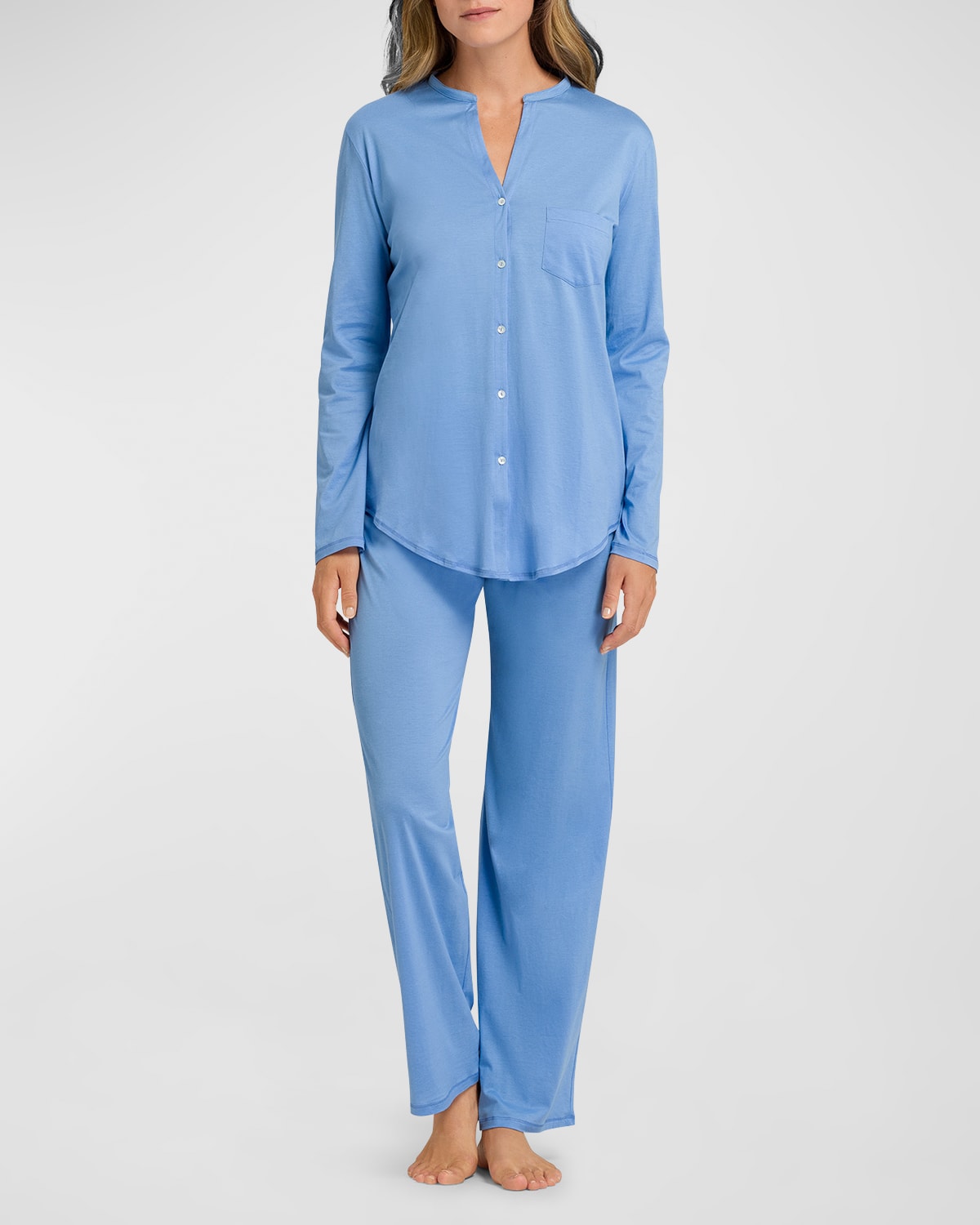 Hanro Cotton Deluxe Pajama Set In Azurine