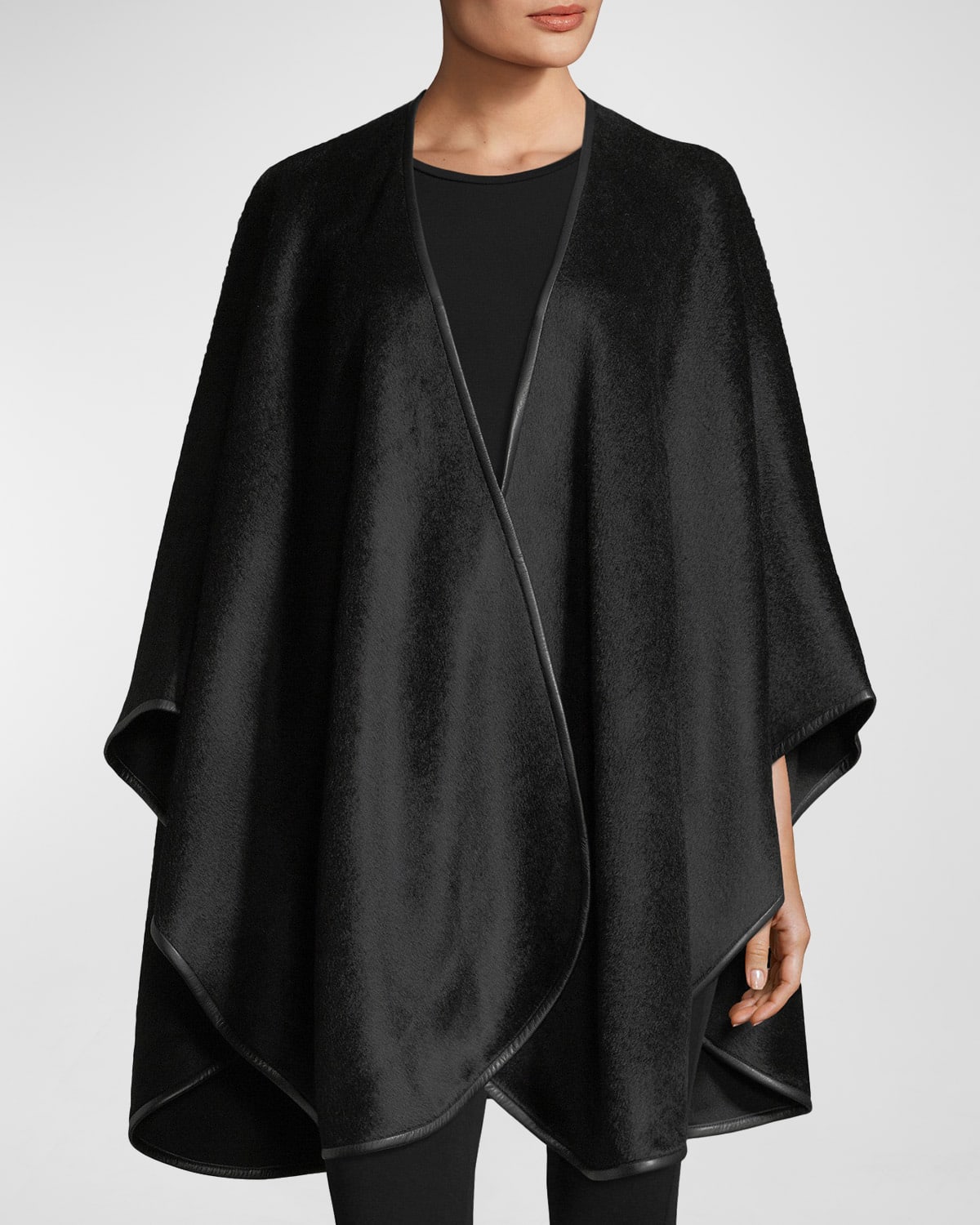 Shop Sofia Cashmere Baby Alpaca Cape W/ Leather Trim In Black