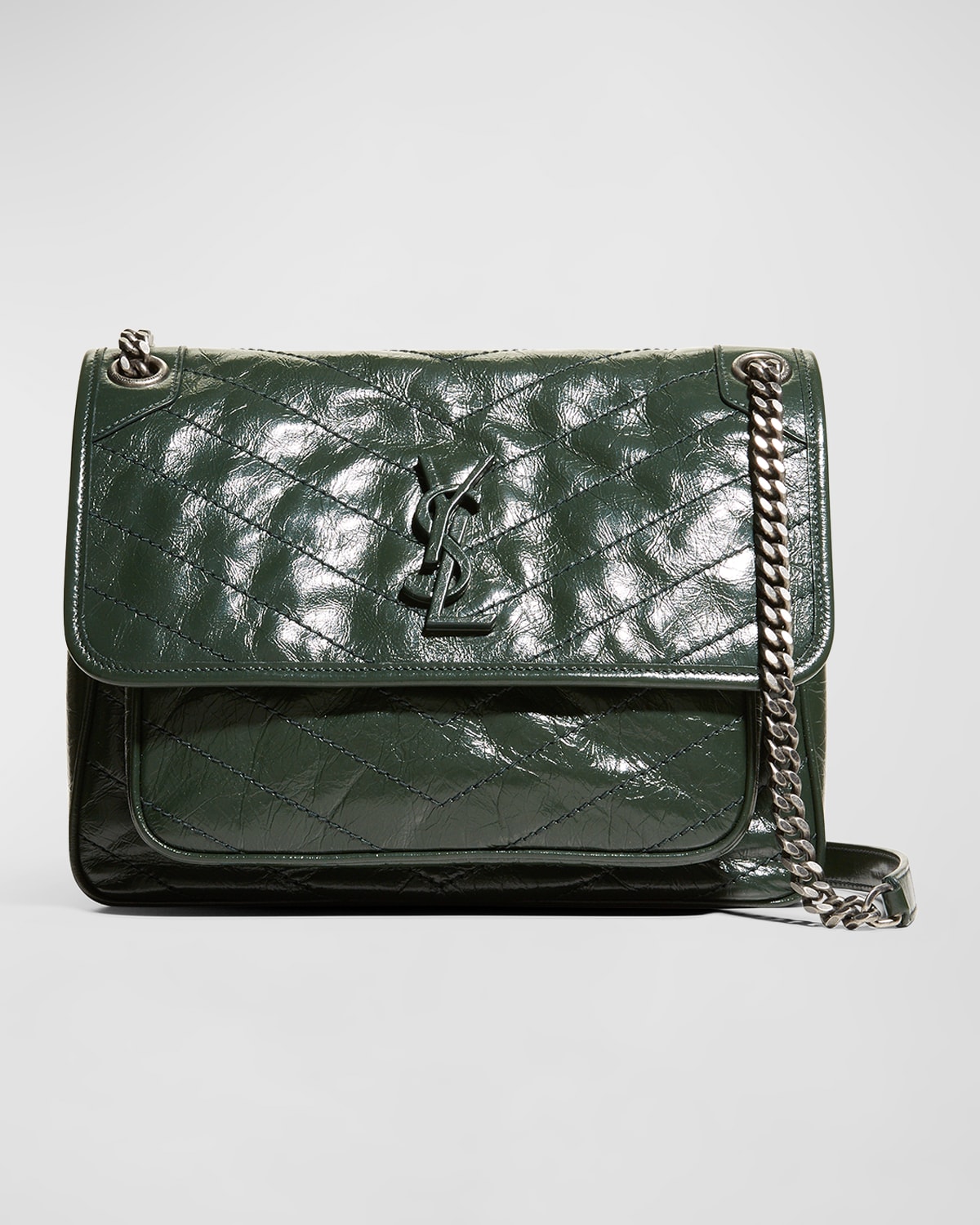 Saint Laurent Niki Medium Monogram Ysl Shiny Waxy Quilted Shoulder Bag In Green