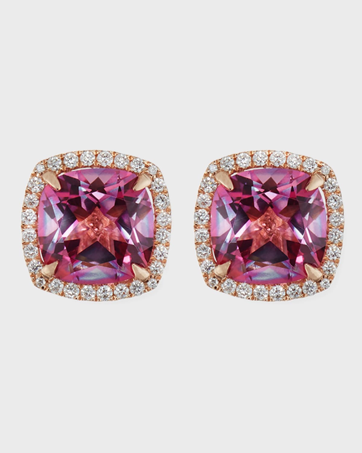 18K Rose Gold Pink Topaz and Diamond Halo Stud Earrings