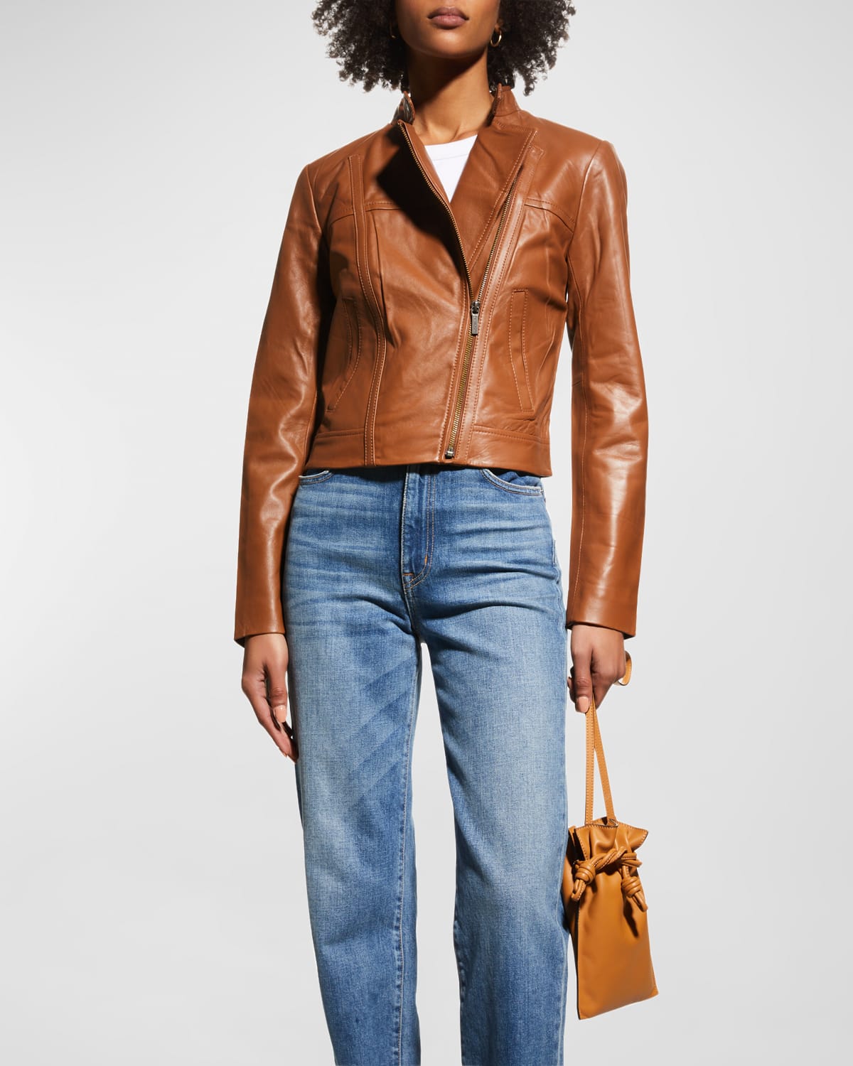 Michael Michael Kors Cropped Leather Jacket In Luggage