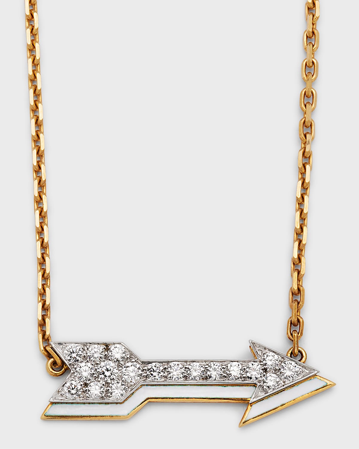 David Webb Motif 18k Gold Diamond Arrow Pendant Necklace with White Enamel