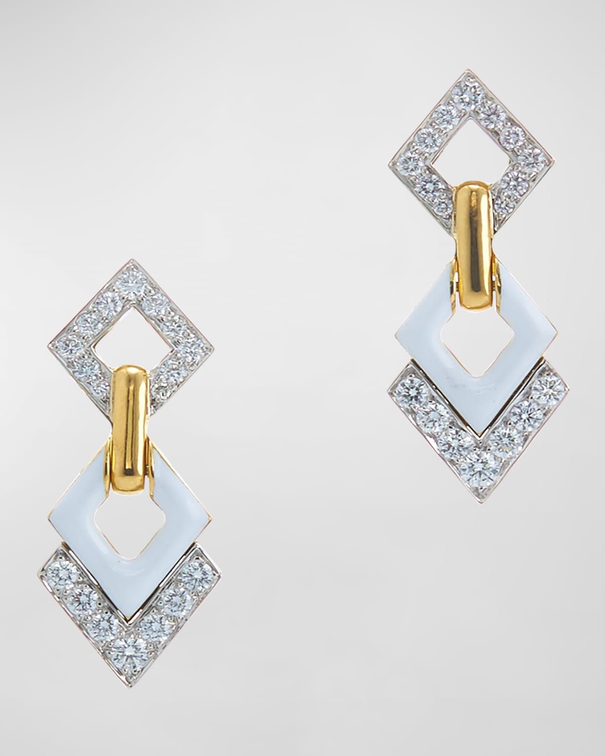 David Webb White Enamel & Diamond Interlocking Diamond Earrings