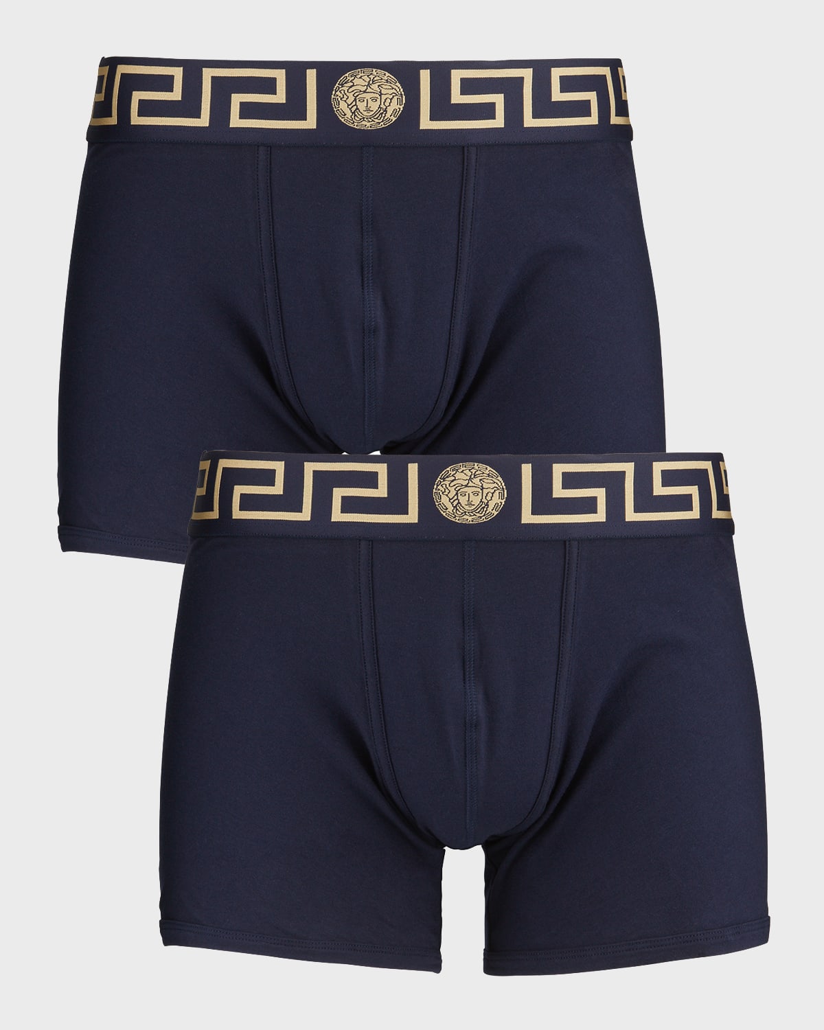 Versace Two-pack Greca Border Long Boxer Trunks In Blue/gold
