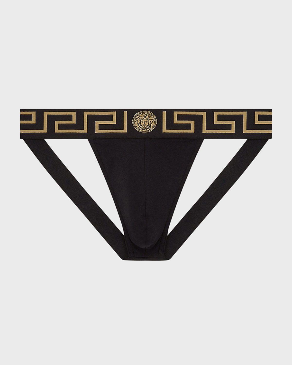 Versace Stretch Cotton Jock Strap With Medusa Greca Logo In Black Pattern
