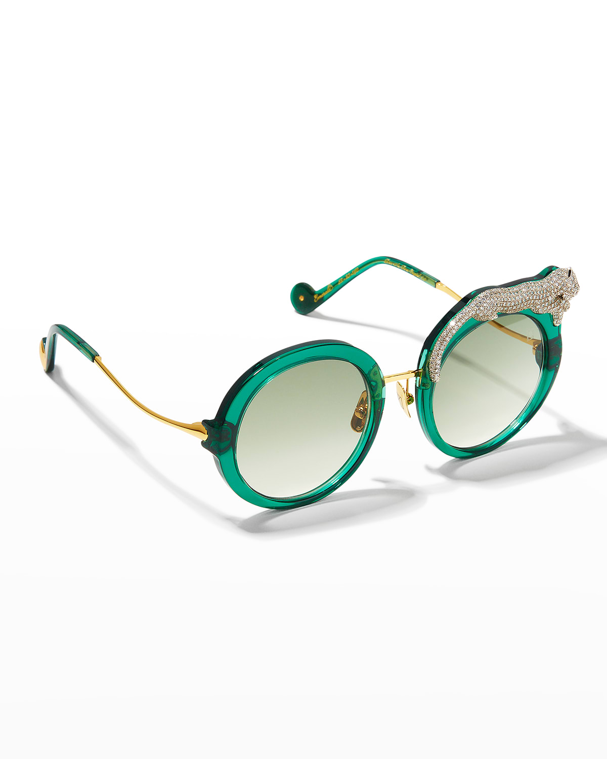 Shop Anna-karin Karlsson Rose Et La Roue Round Crystal-embellished Leopard Sunglasses In Emerald