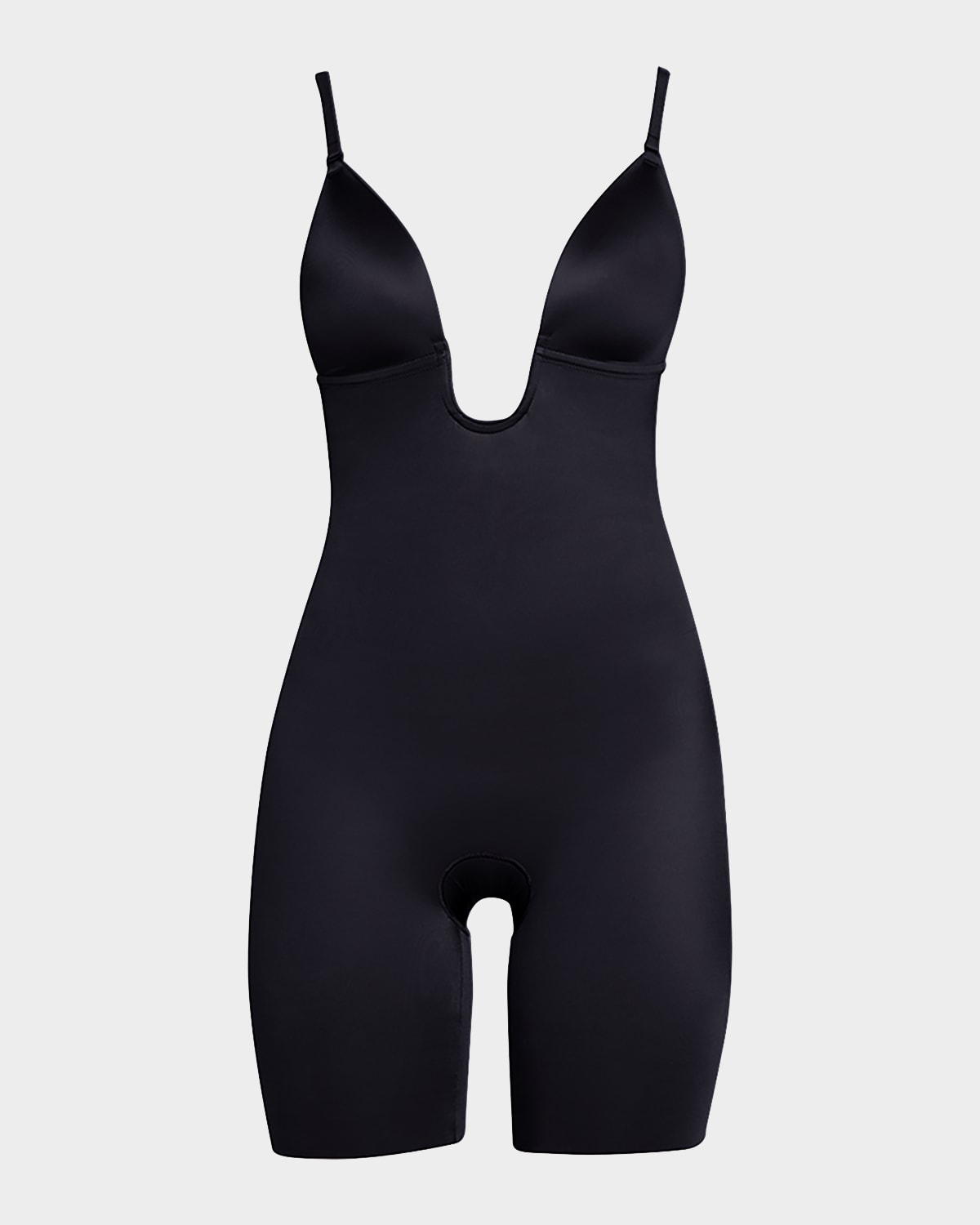 Shop Spanx Suit Your Fancy Plunge Low-back Mid-thigh Bodysuit In Very Black